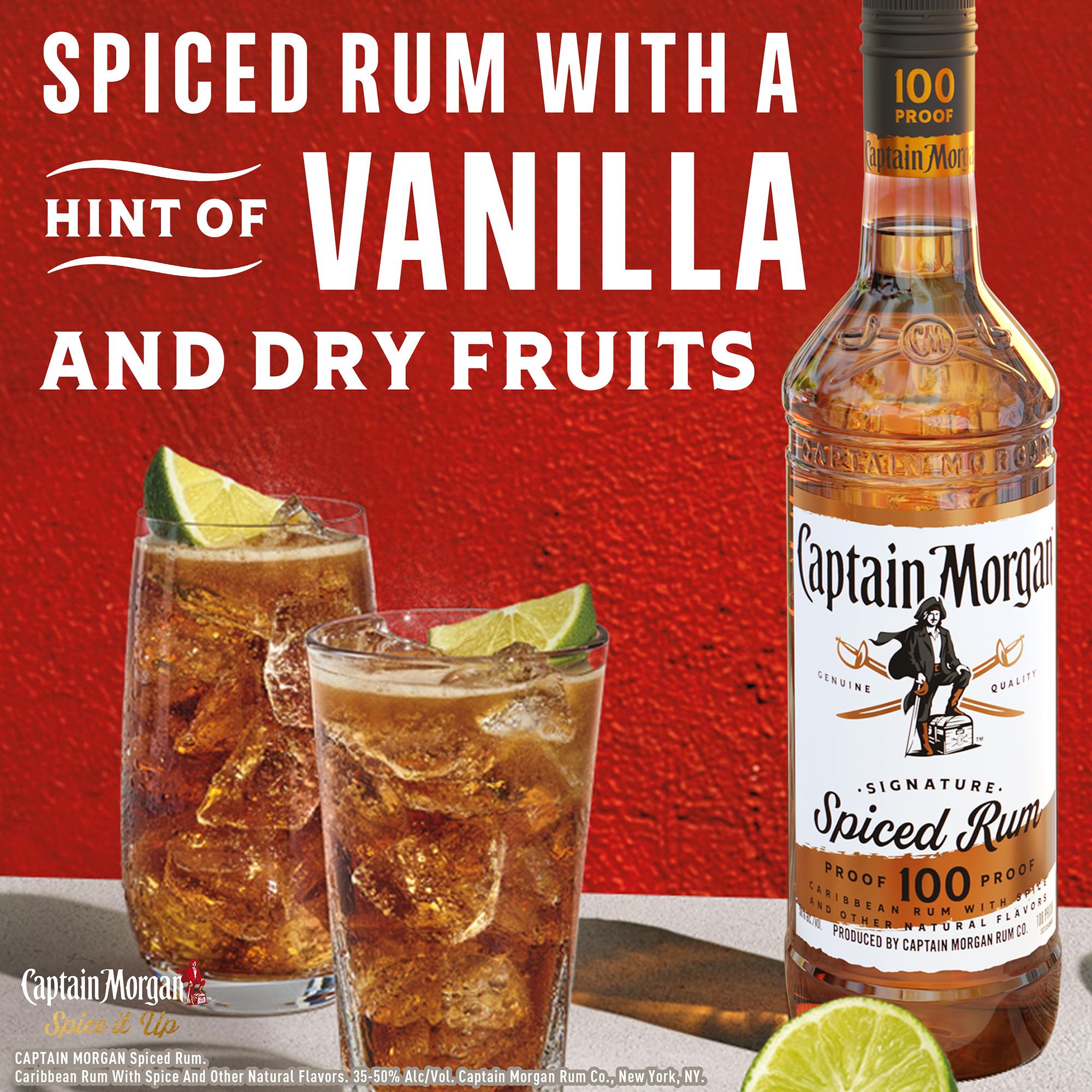 Spice it up with Captain Morgan 100 Proof Spiced Rum. This blend of Caribbean rums is crafted with spice to bring out the intensity of the liquid with a noticeable smoothness and mellow taste. Our 100 Proof Captain Morgan Spiced Rum can be sipped neat, on the rocks or with your favorite mixed drink. Perfect for a long island iced tea cocktail. Includes one 750 mL bottle of Captain Morgan 100 Proof Spiced Rum. Drink responsibly, Captainâ€™s Orders!, One 750 mL glass bottle of Captain Morgan 100 Proof Spiced Rum, 100 proof, Perfect for adding a delicious kick to your favorite mixed drinks, Brings the spirit of adventure to any party, Blend of Caribbean rums and spice, Strong, bold flavor