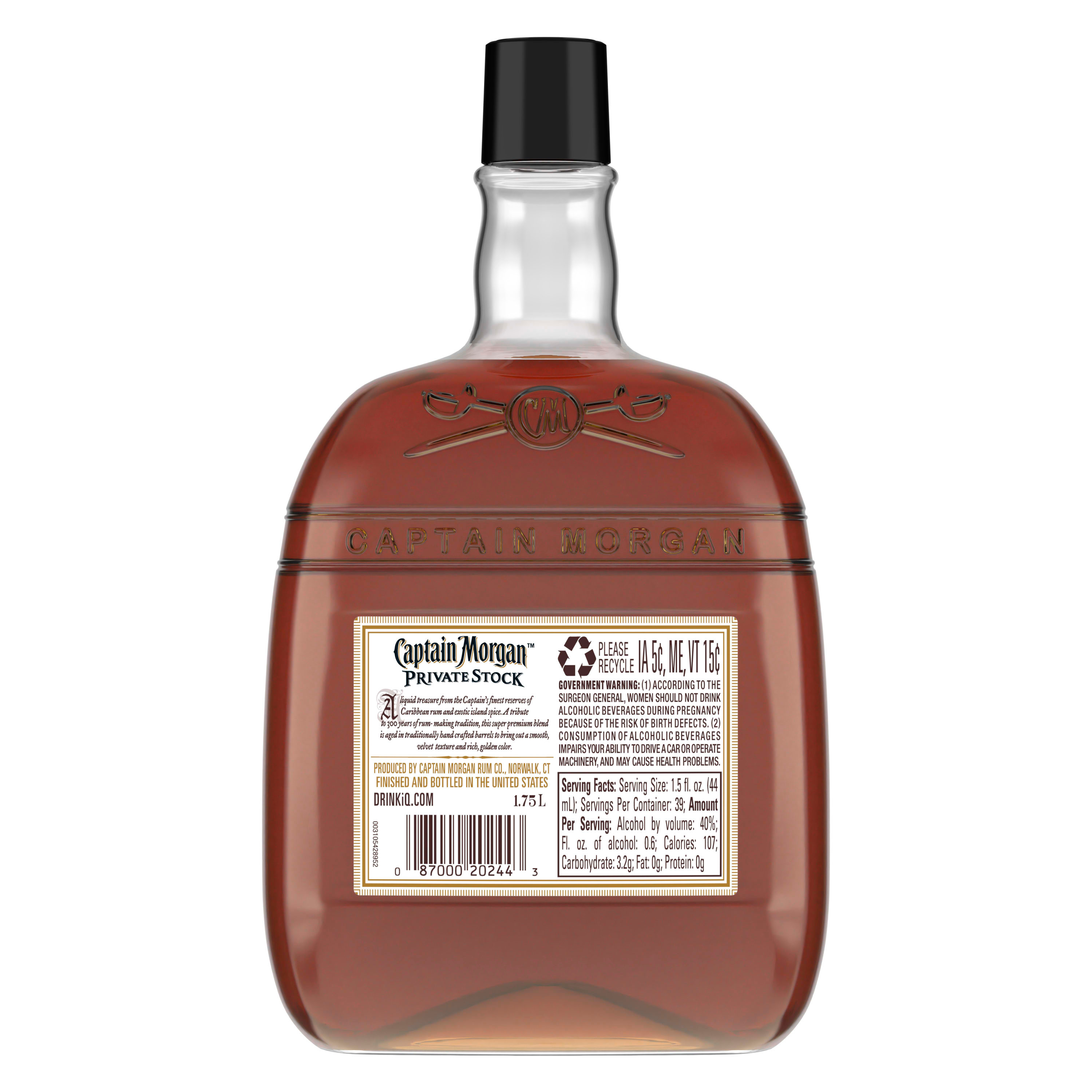 Spice it up with Captain Morgan Private Stock Rum. Made from the finest mellow island spice, it is perfect for sipping on the rocks with a twist of lime. Includes one 80 proof 1.75 L bottle of Captain Morgan Private Stock Rum. Drink responsibly, Captainâ€™s Orders!, One 1.75 L bottle of Captain Morgan Private Stock Rum, 80 proof, Perfect for sipping on the rocks with a twist of lime, Brings the spirit of adventure to any party, Made from the finest mellow island spice, Gluten-free