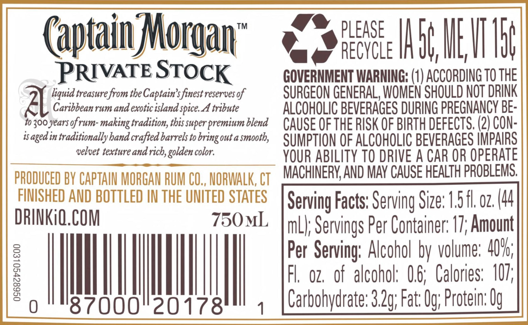 Spice it up with Captain Morgan Private Stock Rum. This rum is rich, dark, and full-bodied. It's made from the finest mellow island spice and is perfect for sipping on the rocks with a twist of lime. Includes one 80 proof 750 mL bottle of Captain Morgan Private Stock Rum. Please drink responsibly., One 750 mL bottle of Captain Morgan Private Stock Rum, 80 proof, Perfect for sipping on the rocks with a twist of lime, Brings the spirit of adventure to any party, Made from the finest mellow island spice, Gluten-free
