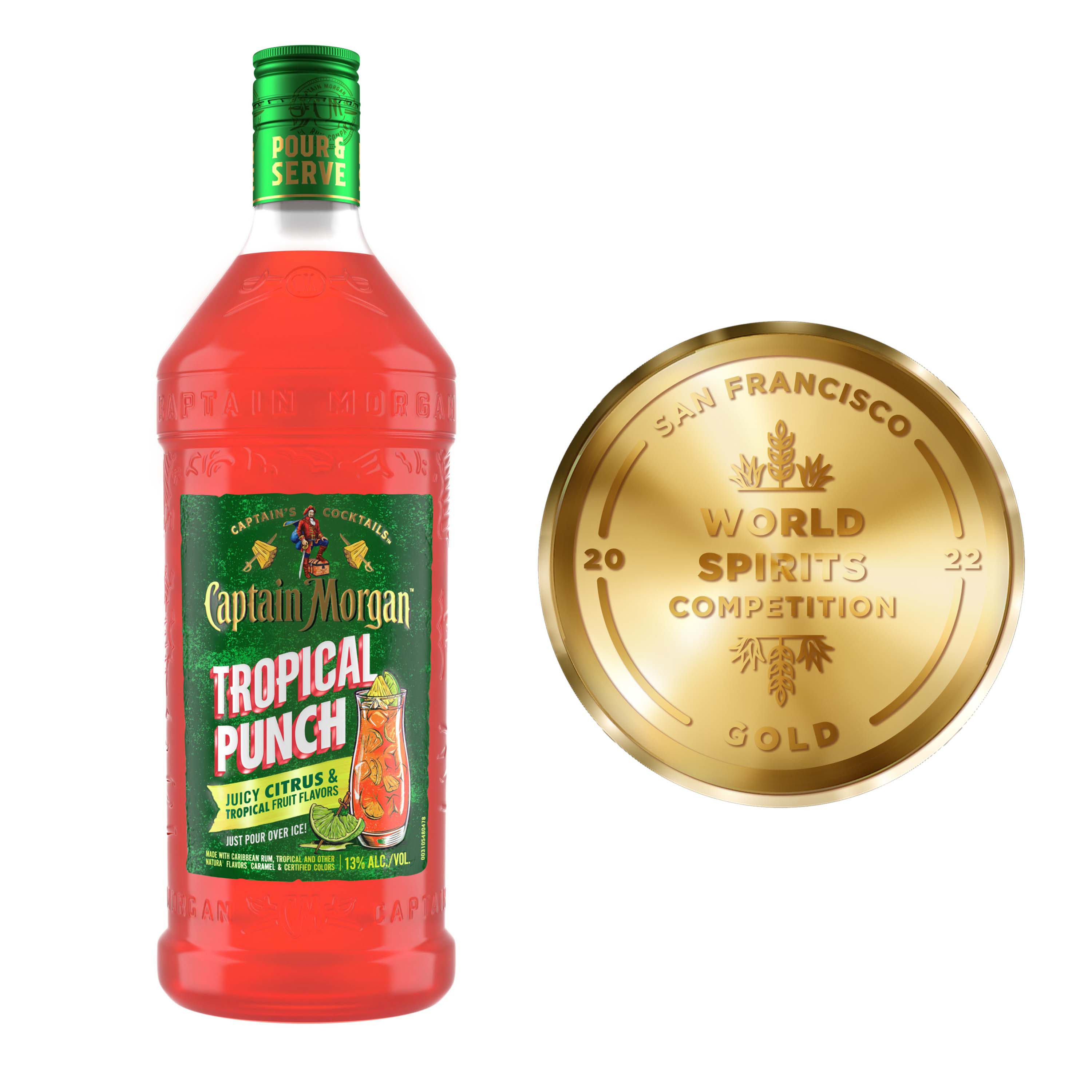 Mix it up with Captain Morgan Tropical Punch. Our blend combines rum and juicy citrus and tropical fruit flavors to create this refreshing-tasting cocktail. Easy to enjoy and ready to drink, our blend can be sipped on its own. Simply pour over ice for unbelievably delicious drinks to enjoy with your crew! Includes one 13% alc./vol. 1.75 L bottle of Captain Morgan Tropical Punch. Drink responsibly, Captainâ€™s Orders!, One 1.75 L bottle of Captain Morgan Tropical Punch, 13% alc./vol., Ready to drink and easy to enjoy at any time, Brings the spirit of adventure to any party, Blended with rum and juicy citrus and tropical fruit flavors, Classic, delicious tropical punch taste