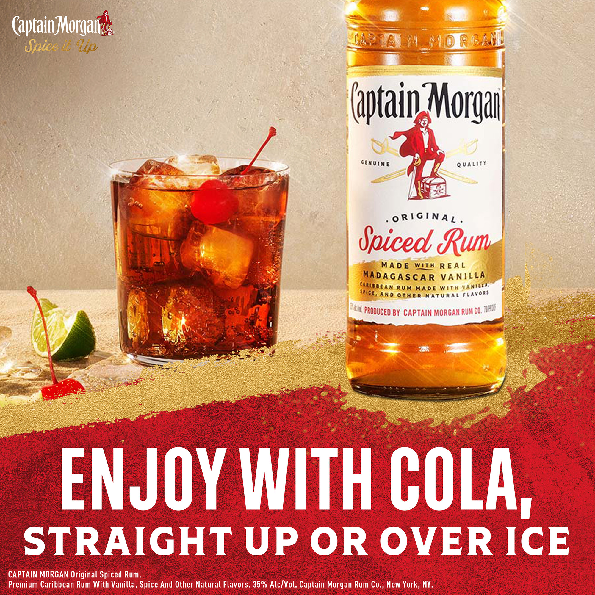 Spice up the flavor with our exquisite Captain Morgan Original Spiced Rum. Itâ€™s an exceptional blend of Caribbean rum, real Madagascar vanilla, natural flavors and spice, with notes of cinnamon, clove, and spice. Our Captain Morgan Original Spiced Rum is gluten-free and perfect for enjoying neat or mixing in your favorite spiced up cocktail. Enjoy on nights out, staying in with friends, game days, or indulgent moments. Perfect for a long island iced tea cocktail. Includes one 70 proof 750 mL bottle of Captain Morgan Original Spiced Rum. Please drink responsibly., Includes one 750 mL glass bottle of Captain Morgan Original Spiced Rum, 70 proof, Perfect as a gift or for indulgent moments at home or out with friends, Less than 1 gram of sugar* and only 86 calories per serve* (*Per 1.5 oz. serving- Average Analysis: Calories 86, Carbohydrates .5g, Fat 0g, Protein 0g), Made with Caribbean rum, real Madagascar vanilla, natural flavors and spice, with notes of cinnamon, clove, and spice, Secret blend of fine Caribbean rum, distilled on the island of St. Croix