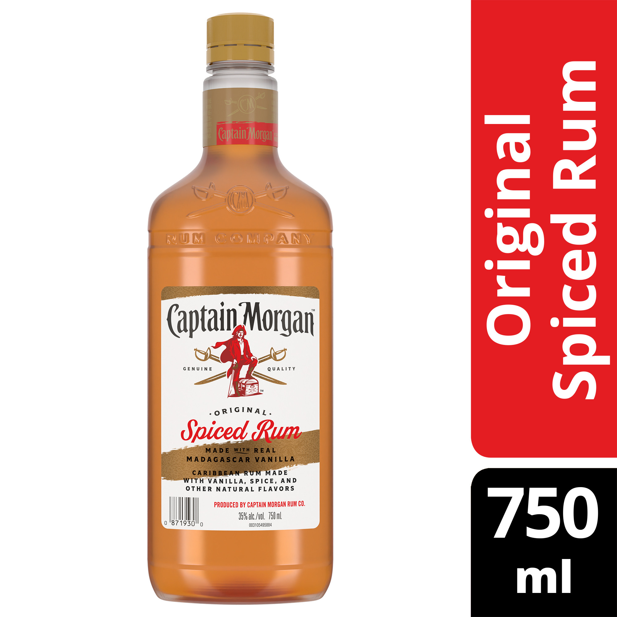 Spice up the flavor with our exquisite Captain Morgan Original Spiced Rum. Itâ€™s an exceptional blend of Caribbean rum, real Madagascar vanilla, natural flavors and spice, with notes of cinnamon, clove, and spice. Our Captain Morgan Original Spiced Rum is gluten-free and perfect for enjoying neat or mixing in your favorite spiced up cocktail. Enjoy on nights out, staying in with friends, game days, or indulgent moments. Perfect for a long island iced tea cocktail. Includes one 70 proof 750 mL bottle of Captain Morgan Original Spiced Rum. Please drink responsibly., Includes one 750 mL plastic bottle of Captain Morgan Original Spiced Rum, 70 proof, Perfect as a gift or for indulgent moments at home or out with friends, Less than 1 gram of sugar* and only 86 calories per serve* (*Per 1.5 oz. serving- Average Analysis: Calories 86, Carbohydrates .5g, Fat 0g, Protein 0g), Made with Caribbean rum, real Madagascar vanilla, natural flavors and spice, with notes of cinnamon, clove, and spice, Secret blend of fine Caribbean rum, distilled on the island of St. Croix