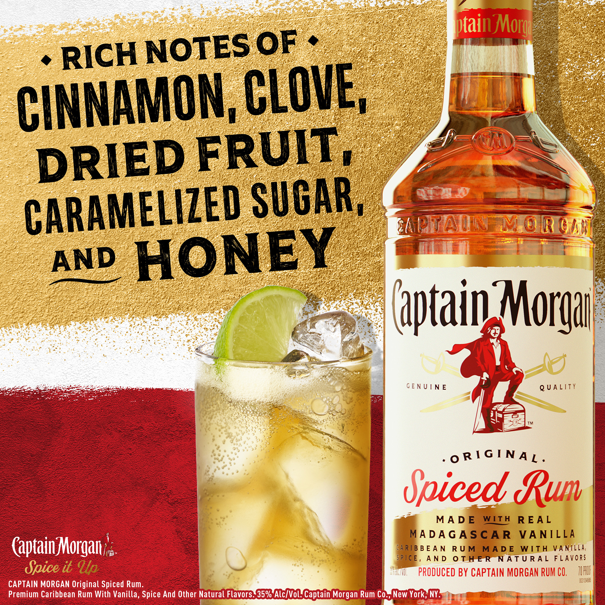 Spice up the flavor with our exquisite Captain Morgan Original Spiced Rum. Itâ€™s an exceptional blend of Caribbean rum, real Madagascar vanilla, natural flavors and spice, with notes of cinnamon, clove, and spice. Our Captain Morgan Original Spiced Rum is gluten-free and perfect for enjoying neat or mixing in your favorite spiced up cocktail. Enjoy on nights out, staying in with friends, game days, or indulgent moments. Perfect for a long island iced tea cocktail. Includes one 70 proof 750 mL bottle of Captain Morgan Original Spiced Rum. Please drink responsibly., Includes one 750 mL plastic bottle of Captain Morgan Original Spiced Rum, 70 proof, Perfect as a gift or for indulgent moments at home or out with friends, Less than 1 gram of sugar* and only 86 calories per serve* (*Per 1.5 oz. serving- Average Analysis: Calories 86, Carbohydrates .5g, Fat 0g, Protein 0g), Made with Caribbean rum, real Madagascar vanilla, natural flavors and spice, with notes of cinnamon, clove, and spice, Secret blend of fine Caribbean rum, distilled on the island of St. Croix