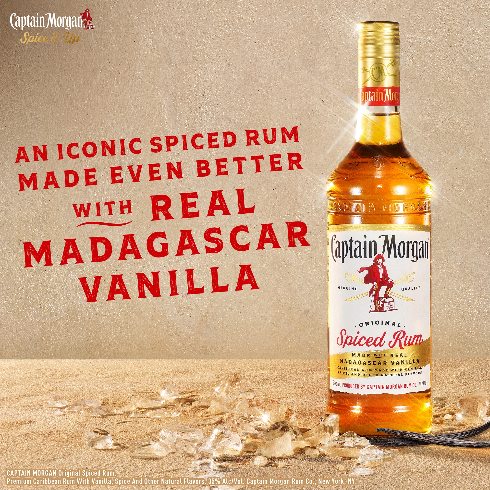 Spice up the flavor with our exquisite Captain Morgan Original Spiced Rum. Itâ€™s an exceptional blend of Caribbean rum, real Madagascar vanilla, natural flavors and spice, with notes of cinnamon, clove, and spice. Our Captain Morgan Original Spiced Rum is gluten-free and perfect for enjoying neat or mixing in your favorite spiced up cocktail. Enjoy on nights out, staying in with friends, game days, or indulgent moments. Perfect for a long island iced tea cocktail. Includes one 70 proof 750 mL bottle of Captain Morgan Original Spiced Rum. Please drink responsibly., Includes one 750 mL plastic bottle of Captain Morgan Original Spiced Rum, 70 proof, Perfect as a gift or for indulgent moments at home or out with friends, Less than 1 gram of sugar* and only 86 calories per serve* (*Per 1.5 oz. serving- Average Analysis: Calories 86, Carbohydrates .5g, Fat 0g, Protein 0g), Made with Caribbean rum, real Madagascar vanilla, natural flavors and spice, with notes of cinnamon, clove, and spice, Secret blend of fine Caribbean rum, distilled on the island of St. Croix
