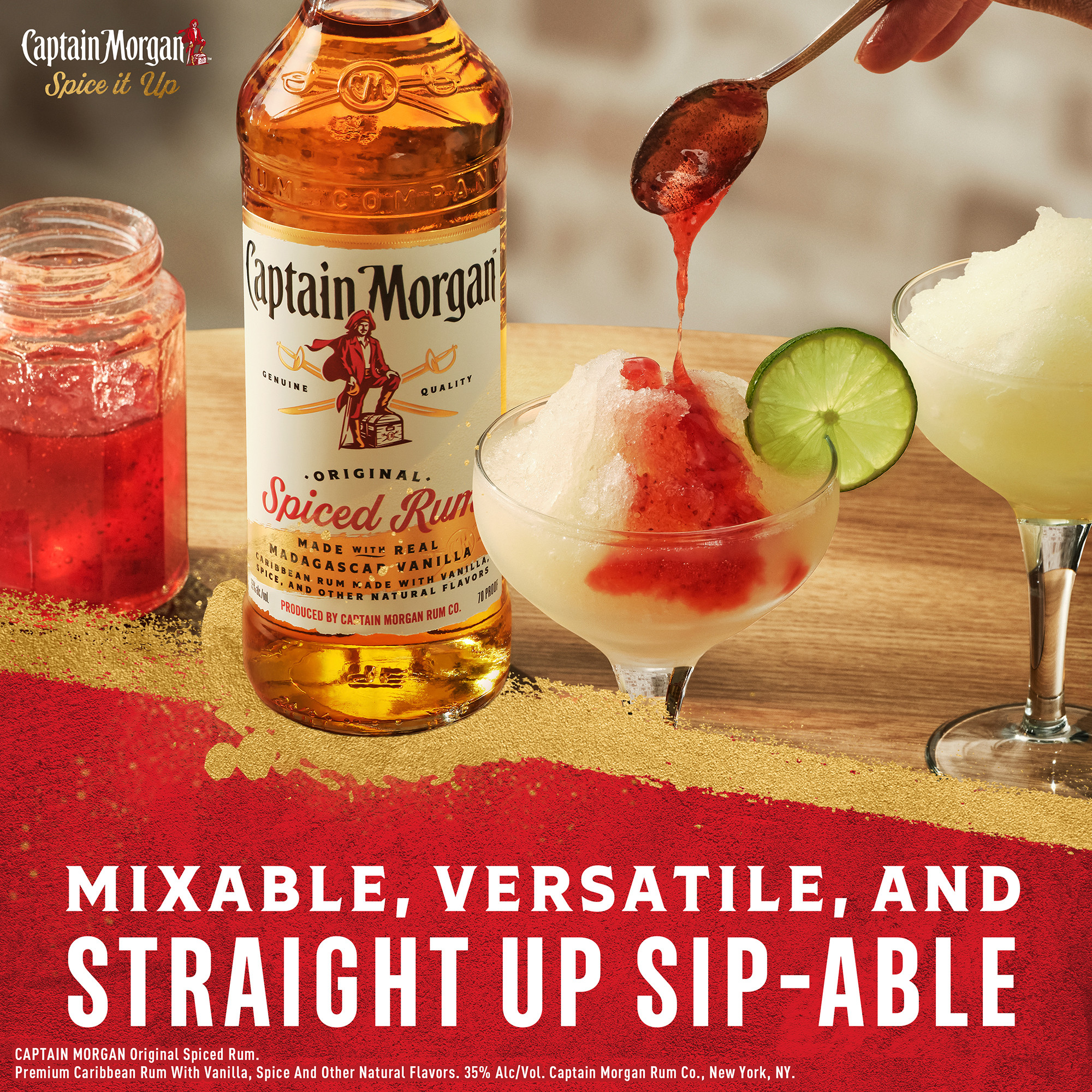 Spice up the flavor with our exquisite Captain Morgan Original Spiced Rum. Itâ€™s an exceptional blend of Caribbean rum, real Madagascar vanilla, natural flavors and spice, with notes of cinnamon, clove, and spice. Our Captain Morgan Original Spiced Rum is gluten-free and perfect for enjoying neat or mixing in your favorite spiced up cocktail. Enjoy on nights out, staying in with friends, game days, or indulgent moments. Perfect for a long island iced tea cocktail. Includes one 70 proof 750 mL bottle of Captain Morgan Original Spiced Rum. Please drink responsibly., Includes one 750 mL plastic bottle of Captain Morgan Original Spiced Rum, 70 proof, Perfect as a gift or for indulgent moments at home or out with friends, Less than 1 gram of sugar* and only 86 calories per serve* (*Per 1.5 oz. serving- Average Analysis: Calories 86, Carbohydrates .5g, Fat 0g, Protein 0g), Made with Caribbean rum, real Madagascar vanilla, natural flavors and spice, with notes of cinnamon, clove, and spice, Secret blend of fine Caribbean rum, distilled on the island of St. Croix