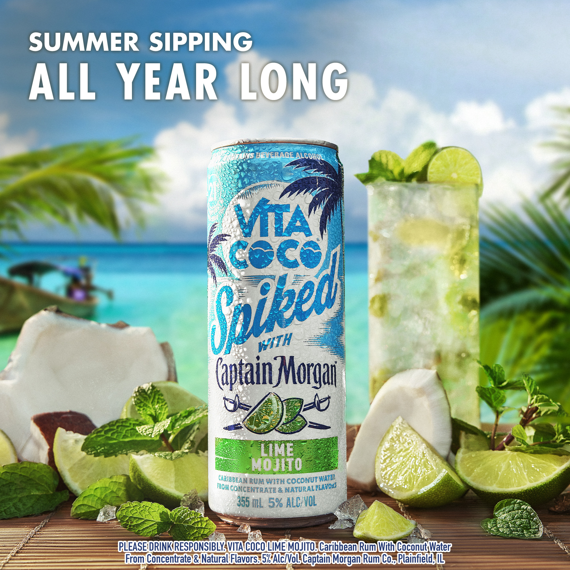 Vita Coco Spiked with Captain Morgan is an exciting and effortless way to enjoy the taste of tropics, whether you're drinking at the beach or relaxing with friends by the pool. Vita Coco Spiked with Captain Morgan Lime Mojito starts with a perfectly balanced blend of Caribbean rum and Vita Coco's coconut water, finished with the flavor of fresh muddled garden mint, ripe juicy lime, and a touch of simple syrup, creating the perfect canned cocktail. For a refreshing-tasting cocktail, simply pour in a glass with ice and a garnish of your choosing. Includes four 5% alc./vol. 12 fl oz slim cans of Vita Coco Spiked with Captain Morgan Lime Mojito. Please drink responsibly., Includes four 5% alc./vol. 12 fl oz slim cans of Vita Coco Spiked with Captain Morgan Lime Mojito, 10 proof, Effortless way to relax or celebrate, Delicious signature ready-to-drink canned cocktail
