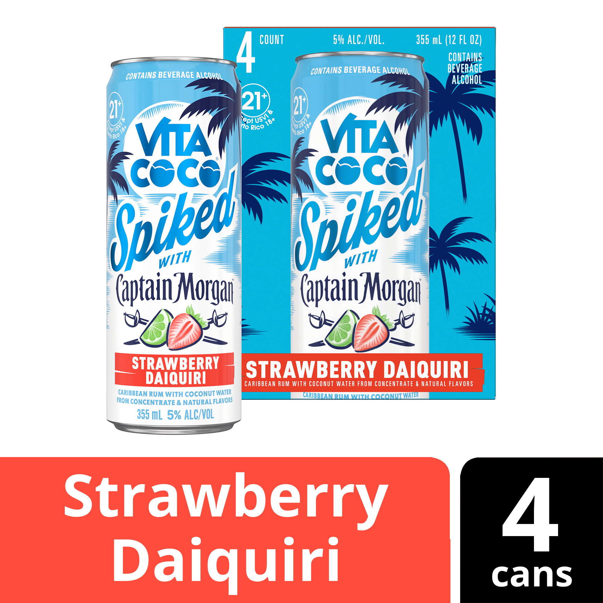 Vita Coco Spiked with Captain Morgan is an exciting and effortless way to enjoy the taste of tropics, whether you're drinking at the beach or relaxing with friends by the pool. Vita Coco Spiked with Captain Morgan Strawberry Daiquiri starts with a perfectly balanced blend of Caribbean rum and Vita Coco's coconut water, finished with the flavor of freshly picked strawberries, ripe juicy lime, and fruity rum notes, creating the perfect canned cocktail. For a refreshing-tasting cocktail, simply pour in a glass with ice and a garnish of your choosing. Includes four 5% alc./vol. 12 fl oz slim cans of Vita Coco Spiked with Captain Morgan Strawberry Daiquiri. Please drink responsibly., Includes four 5% alc./vol. 12 fl oz slim cans of Vita Coco Spiked with Captain Morgan Strawberry Daiquiri, 10 proof, Effortless way to relax or celebrate, Delicious signature ready-to-drink canned cocktail