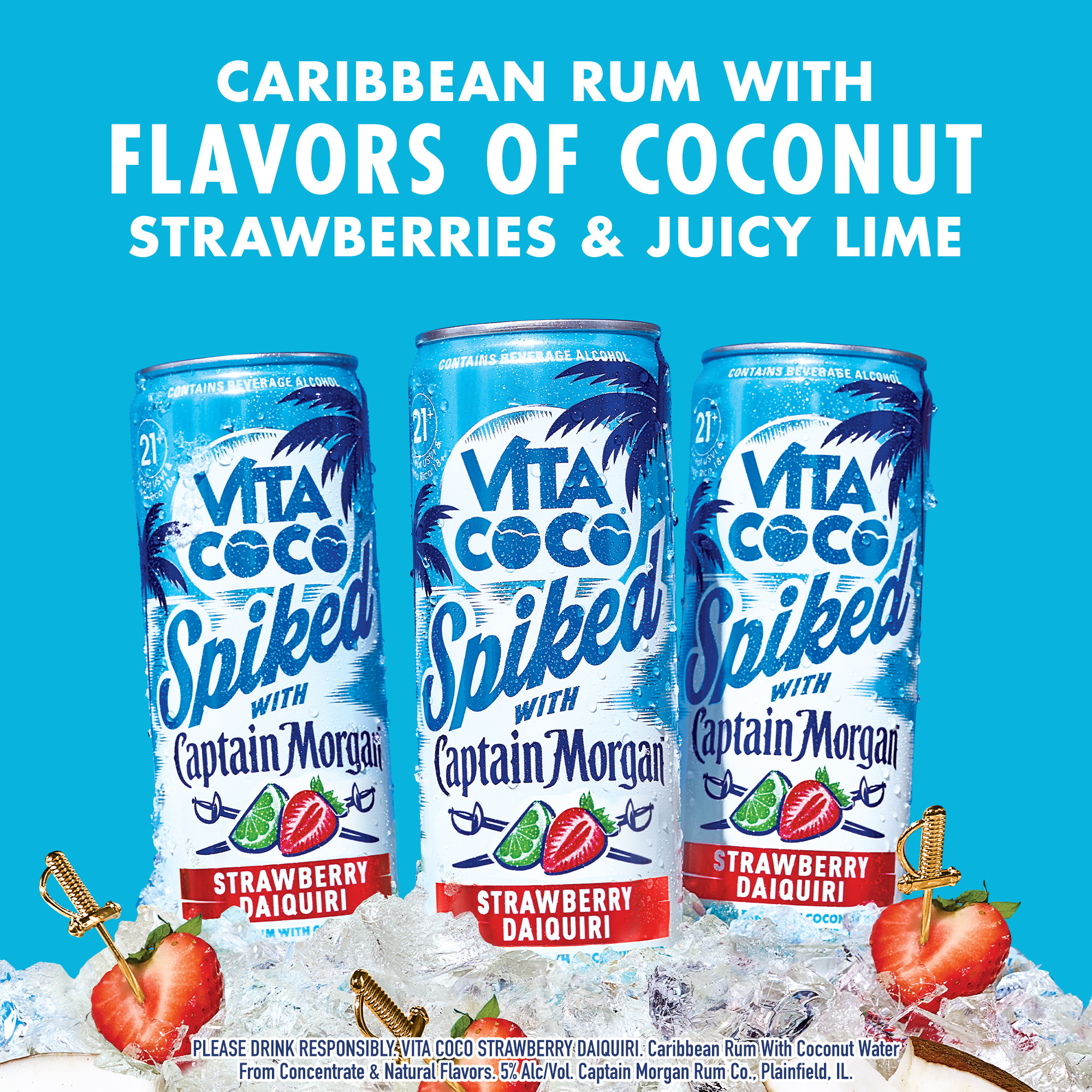 Vita Coco Spiked with Captain Morgan is an exciting and effortless way to enjoy the taste of tropics, whether you're drinking at the beach or relaxing with friends by the pool. Vita Coco Spiked with Captain Morgan Strawberry Daiquiri starts with a perfectly balanced blend of Caribbean rum and Vita Coco's coconut water, finished with the flavor of freshly picked strawberries, ripe juicy lime, and fruity rum notes, creating the perfect canned cocktail. For a refreshing-tasting cocktail, simply pour in a glass with ice and a garnish of your choosing. Includes four 5% alc./vol. 12 fl oz slim cans of Vita Coco Spiked with Captain Morgan Strawberry Daiquiri. Please drink responsibly., Includes four 5% alc./vol. 12 fl oz slim cans of Vita Coco Spiked with Captain Morgan Strawberry Daiquiri, 10 proof, Effortless way to relax or celebrate, Delicious signature ready-to-drink canned cocktail