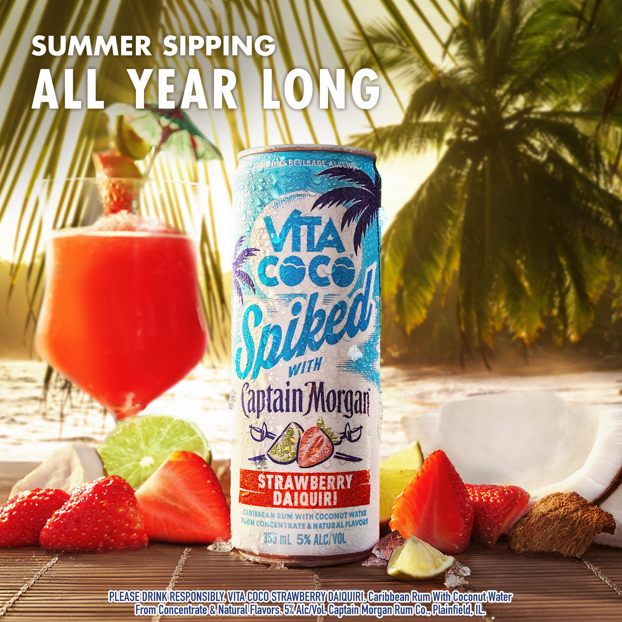 Vita Coco Spiked with Captain Morgan is an exciting and effortless way to enjoy the taste of tropics, whether you're drinking at the beach or relaxing with friends by the pool. Vita Coco Spiked with Captain Morgan Strawberry Daiquiri starts with a perfectly balanced blend of Caribbean rum and Vita Coco's coconut water, finished with the flavor of freshly picked strawberries, ripe juicy lime, and fruity rum notes, creating the perfect canned cocktail. For a refreshing-tasting cocktail, simply pour in a glass with ice and a garnish of your choosing. Includes four 5% alc./vol. 12 fl oz slim cans of Vita Coco Spiked with Captain Morgan Strawberry Daiquiri. Please drink responsibly., Includes four 5% alc./vol. 12 fl oz slim cans of Vita Coco Spiked with Captain Morgan Strawberry Daiquiri, 10 proof, Effortless way to relax or celebrate, Delicious signature ready-to-drink canned cocktail