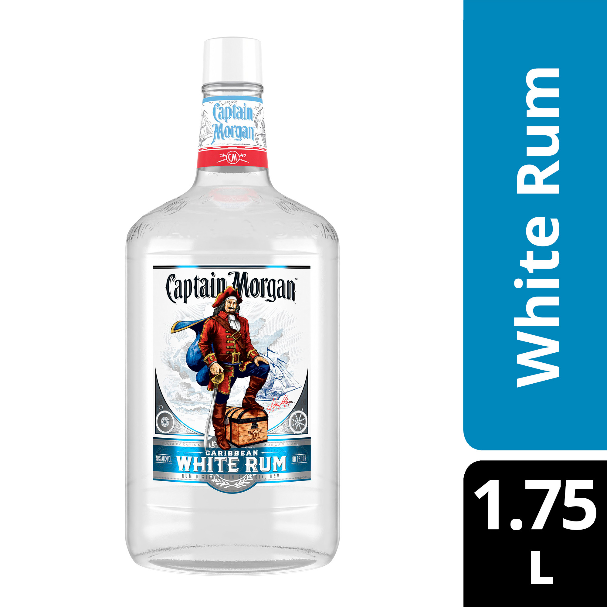 Mix it up with Captain Morgan White Rum. Our white rum contains 40 percent alcohol by volume and is five times distilled, making it perfect for mixing in your favorite refreshing-tasting cocktail. This clean and smooth rum creates a slightly sweet yet creamy taste that is easily enjoyed. Perfect for a Woahito Mojito cocktail. Includes one 80 proof 1.75 L bottle of Captain Morgan White Rum. Drink responsibly, Captainâ€™s Orders!, One 1.75 L glass bottle of Captain Morgan Caribbean White Rum, 40 percent alcohol by volume, Gluten-free liquor, Brings the spirit of adventure to any party, Five times distilled, Not spiced, just smooth