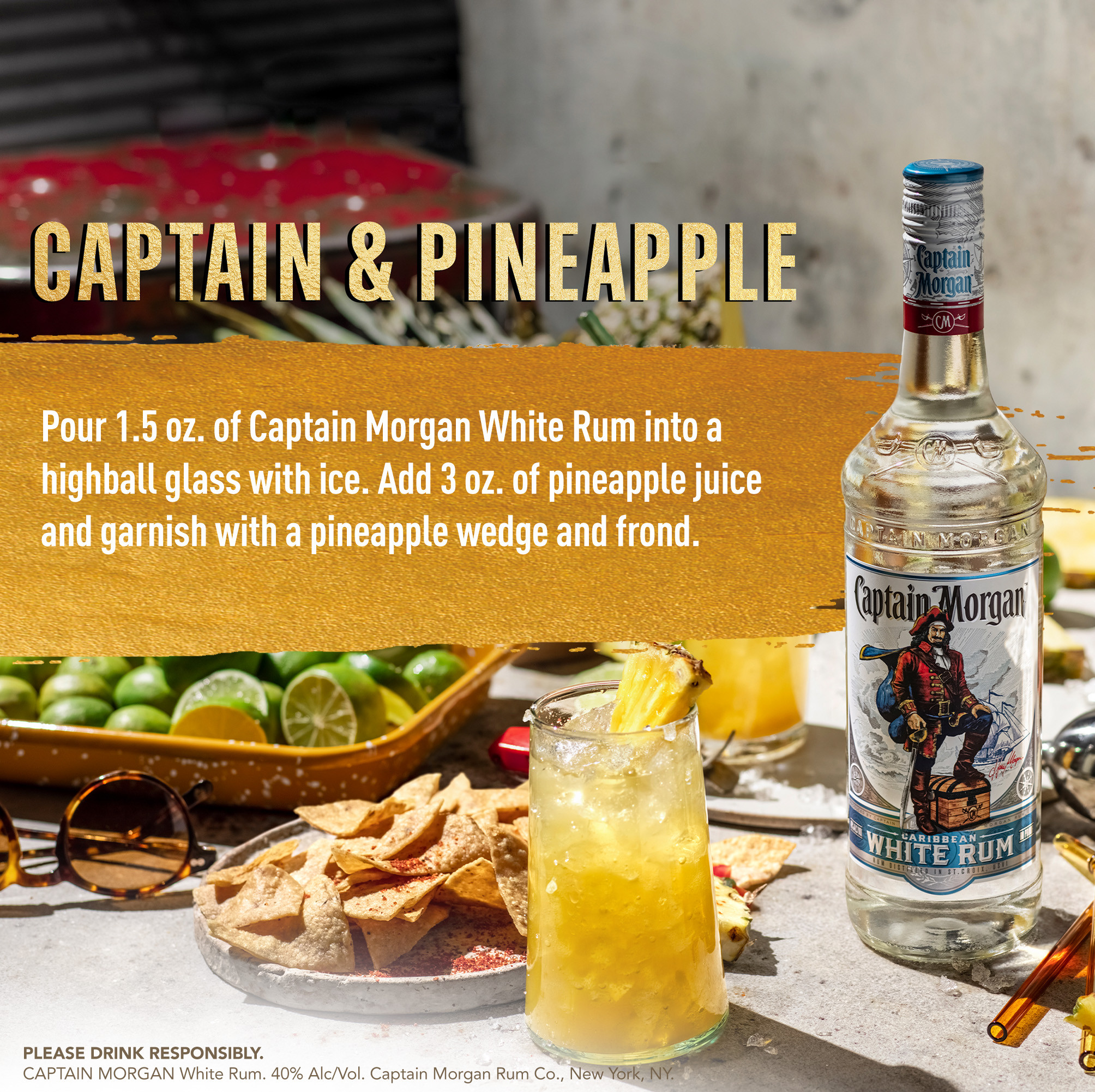 Mix it up with Captain Morgan White Rum. Our white rum contains 40 percent alcohol by volume and is five times distilled, making it perfect for mixing in your favorite refreshing-tasting cocktail. This clean and smooth rum creates a slightly sweet yet creamy taste that is easily enjoyed. Perfect for a Woahito Mojito cocktail. Includes one 80 proof 1.75 L bottle of Captain Morgan White Rum. Drink responsibly, Captainâ€™s Orders!, One 1.75 L glass bottle of Captain Morgan Caribbean White Rum, 40 percent alcohol by volume, Gluten-free liquor, Brings the spirit of adventure to any party, Five times distilled, Not spiced, just smooth