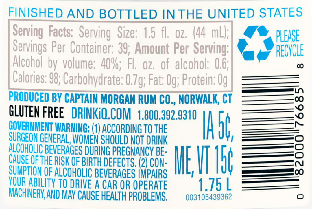 Mix it up with Captain Morgan White Rum. Our white rum contains 40 percent alcohol by volume and is five times distilled, making it perfect for mixing in your favorite refreshing-tasting cocktail. This clean and smooth rum creates a slightly sweet yet creamy taste that is easily enjoyed. Perfect for a Woahito Mojito cocktail. Includes one 80 proof 1.75 L bottle of Captain Morgan White Rum. Drink responsibly, Captainâ€™s Orders!, One 1.75 L glass bottle of Captain Morgan Caribbean White Rum, 40 percent alcohol by volume, Gluten-free liquor, Brings the spirit of adventure to any party, Five times distilled, Not spiced, just smooth