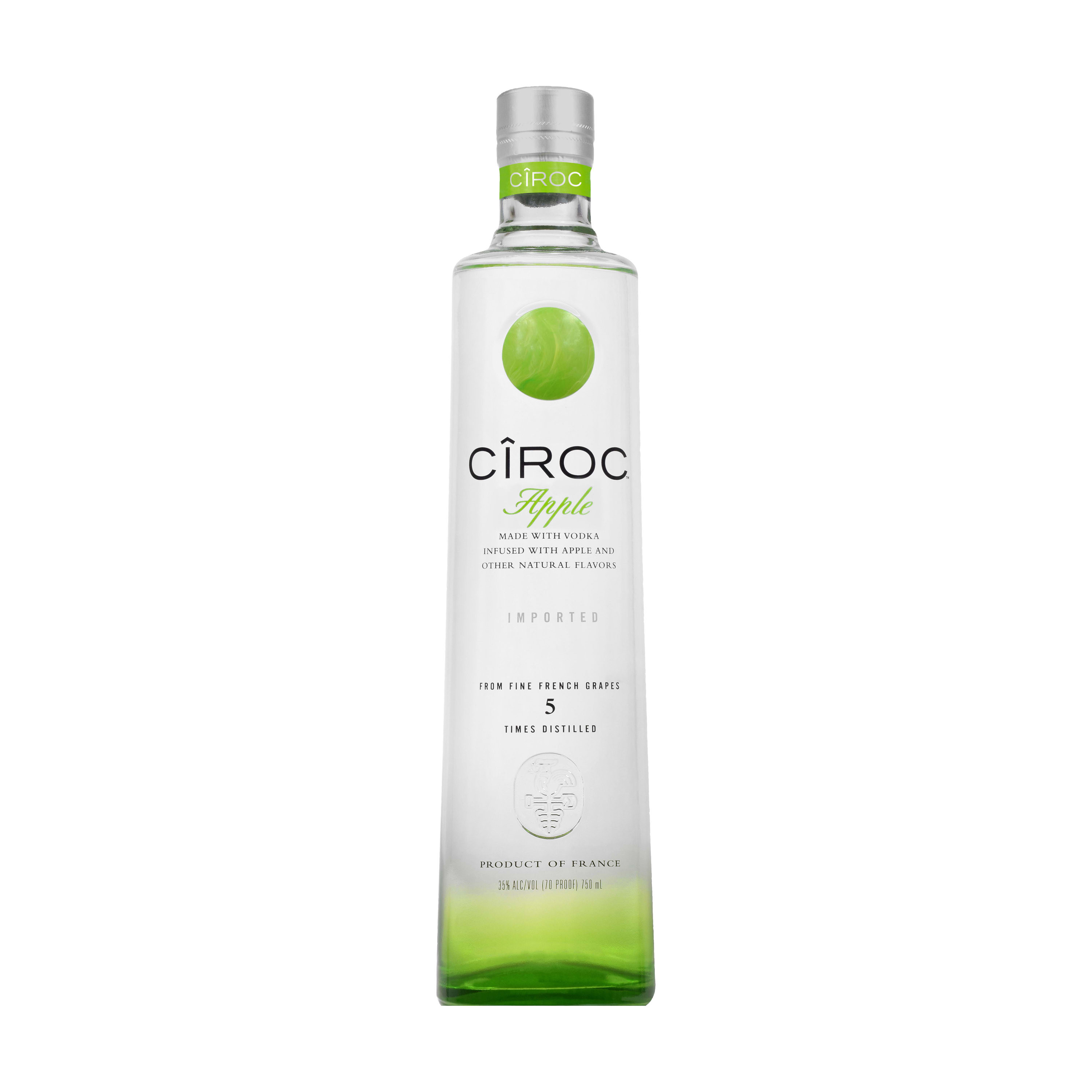 CIROC Apple is a rich tasting, award-winning spirit made with vodka distilled five times from fine French grapes, finished in a tailor-made copper pot still in Southern France. This spirit is masterfully infused with a distinctive blend of green apple and other natural flavors, resulting in a taste experience that is lusciously different and elegantly smooth. Perfect for a CIROC Apple & Cranberry Cocktail. Includes one 70 proof 750 mL bottle of CIROC Apple. Please drink responsibly., One 750 mL bottle of CIROC Apple, Perfect as a gift or for any celebration, Gluten-free, Masterfully infused with green apple and other natural flavors, Made with vodka distilled five times from fine French grapes, Finished in a tailor-made copper pot still in Southern France