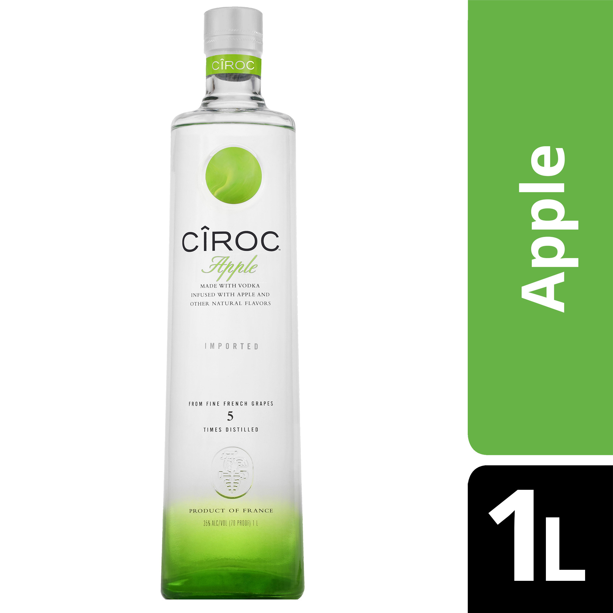 CIROC Apple is a rich tasting, award-winning spirit made with vodka distilled five times from fine French grapes, finished in a tailor-made copper pot still in Southern France. This spirit is masterfully infused with a distinctive blend of green apple and other natural flavors, resulting in a taste experience that is lusciously different and elegantly smooth. Perfect for a CIROC Apple & Cranberry Cocktail.  Includes one 70 proof 1 L bottle of CIROC Apple. Please drink responsibly., One 1 L bottle of CIROC Apple, Perfect as a gift or for any celebration, Gluten-free, Masterfully infused with green apple and other natural flavors, Made with vodka distilled five times from fine French grapes, Finished in a tailor-made copper pot still in Southern France