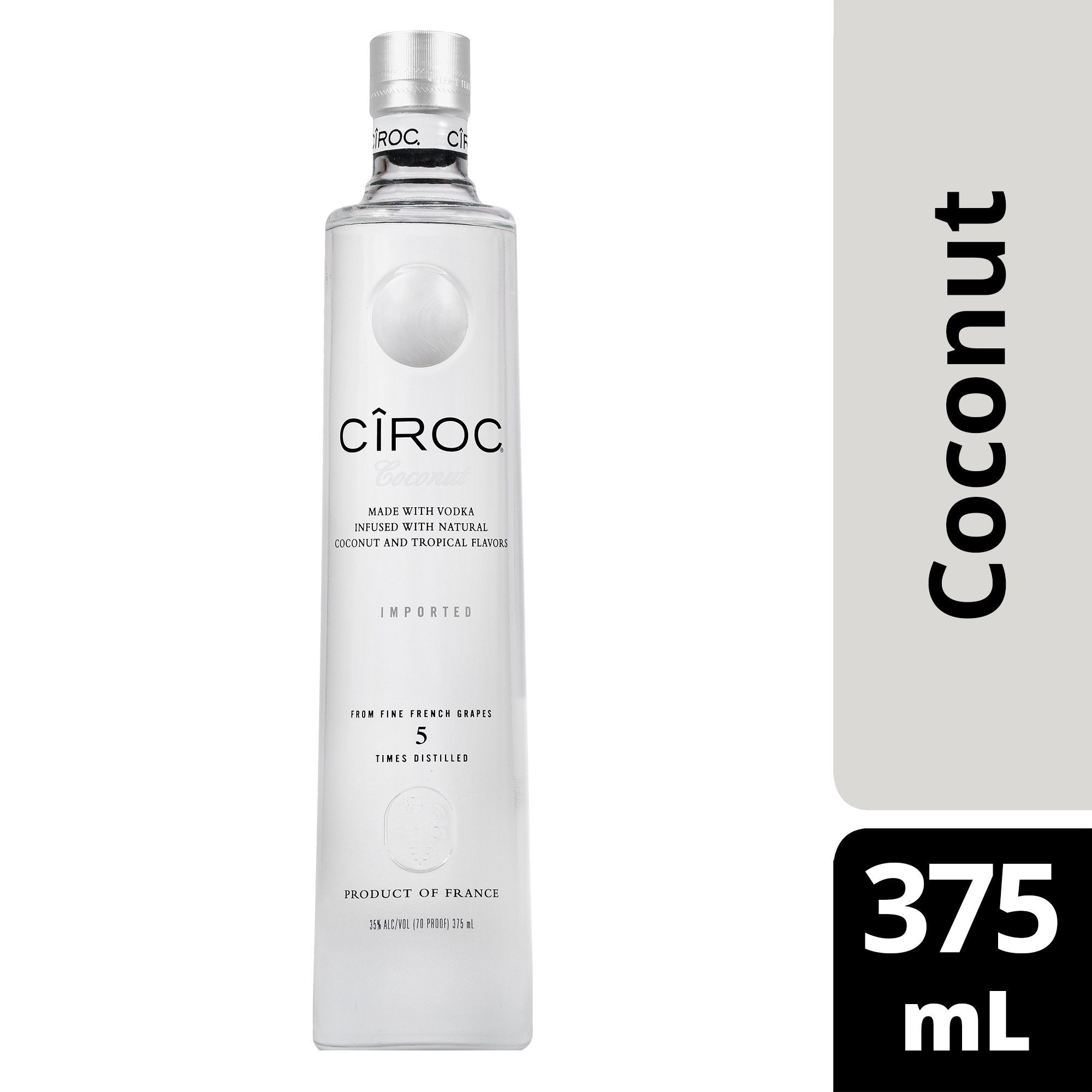 CIROC Coconut is a rich tasting spirit made with vodka distilled five times from fine French grapes, finished in a tailor-made copper pot still in Southern France. This spirit is masterfully infused with coconut and other natural flavors, resulting in a taste experience that is lusciously different and elegantly smooth. Perfect for a Hot Mama cocktail. Includes one 70 proof 375 mL bottle of CIROC Coconut. Please drink responsibly., One 375 mL bottle of CIROC Coconut, Perfect as a gift or for any celebration, Gluten-free, Masterfully infused with coconut and other natural flavors, Made with vodka distilled five times from fine French grapes, Finished in a tailor-made copper pot still in Southern France