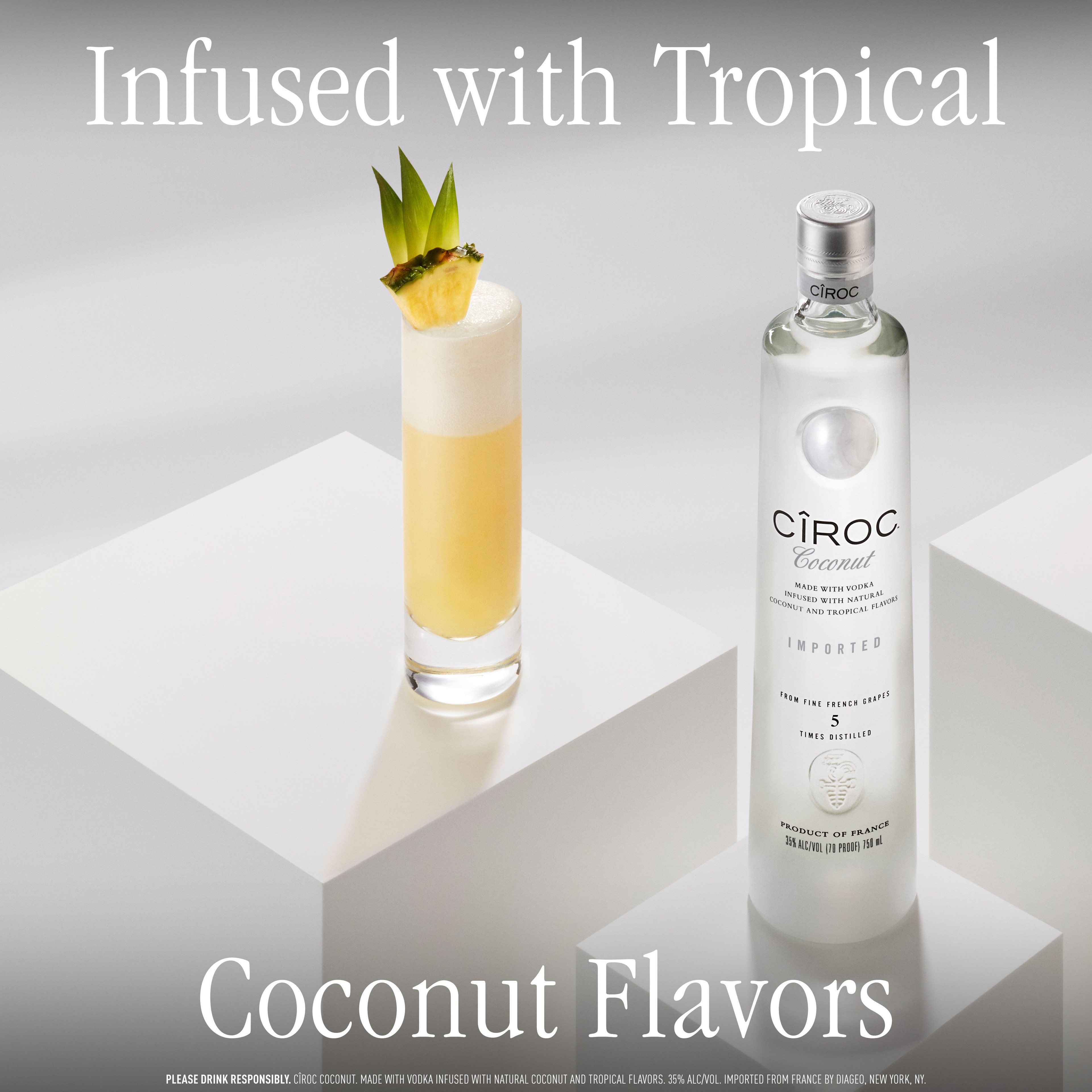 CIROC Coconut is a rich tasting spirit made with vodka distilled five times from fine French grapes, finished in a tailor-made copper pot still in Southern France. This spirit is masterfully infused with coconut and other natural flavors, resulting in a taste experience that is lusciously different and elegantly smooth. Simply mix with watermelon juice, lime juice, simple syrup and a slice of jalapeÃ±o for a Hot Mama cocktail. CIROC was named One of the Worldâ€™s Best-Selling Vodkas at the 2020 Drinks International awards. Includes one 70 proof 750 mL bottle of CIROC Coconut. Please drink responsibly., One 750 mL bottle of CIROC Coconut, Perfect as a gift or for any celebration, Gluten-free, Masterfully infused with coconut and other natural flavors, Made with vodka distilled five times from fine French grapes, Finished in a tailor-made copper pot still in Southern France
