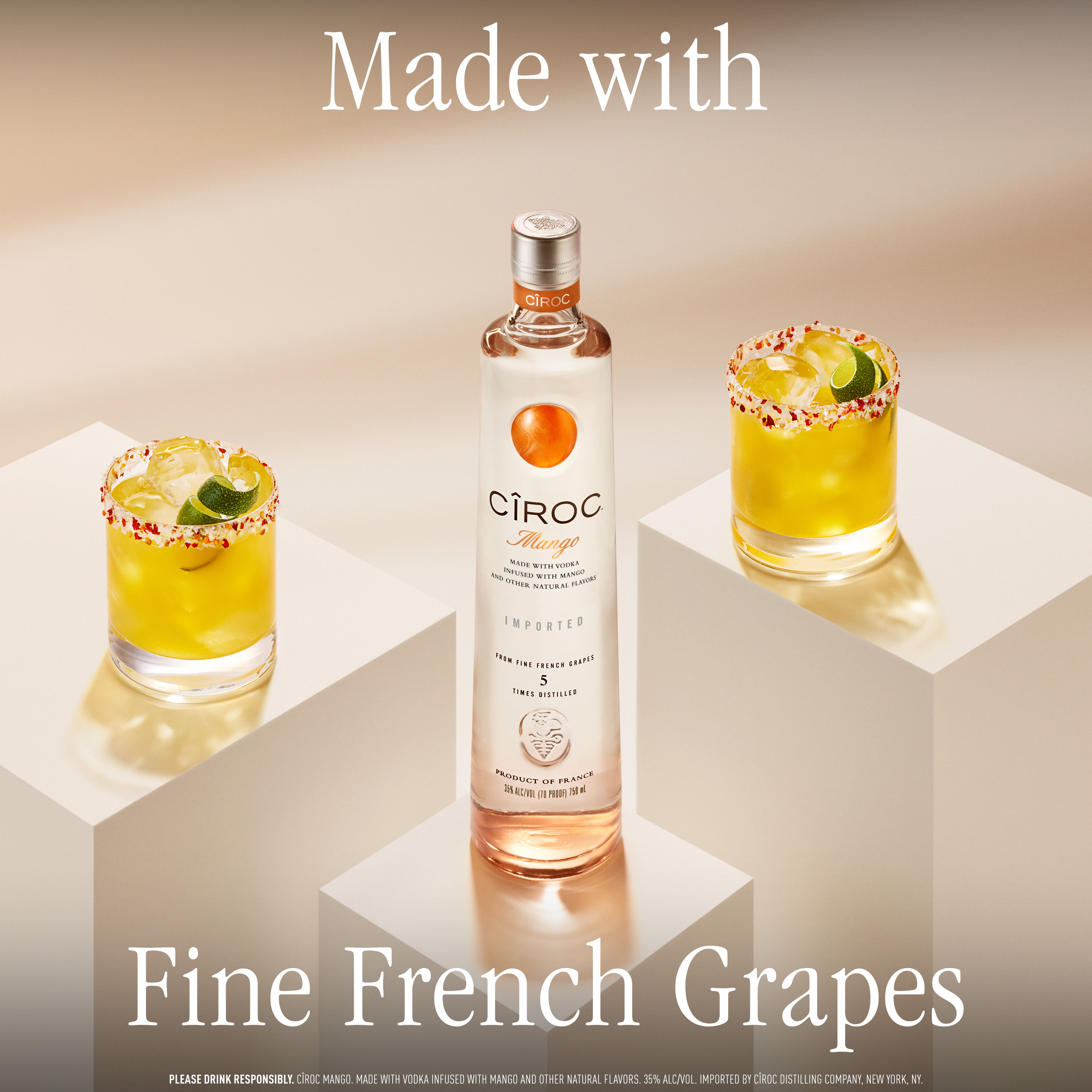 CIROC Mango is a rich tasting, award-winning spirit made with vodka distilled five times from fine French grapes, finished in a tailor-made copper pot still in Southern France. This spirit is masterfully infused with a distinctive blend of mango and other natural flavors, resulting in a taste experience that is lusciously different and elegantly smooth. Perfect for a Mango Cooler cocktail. CIROC was named One of the Worldâ€™s Best-Selling Vodkas at the 2020 Drinks International awards. Includes one 70 proof 1 L bottle of CIROC Mango. Please drink responsibly., One 1 L bottle of CIROC Mango, Perfect as a gift or for any celebration, Gluten-free, Masterfully infused with mango and other natural flavors, Made with vodka distilled five times from fine French grapes, Finished in a tailor-made copper pot still in Southern France