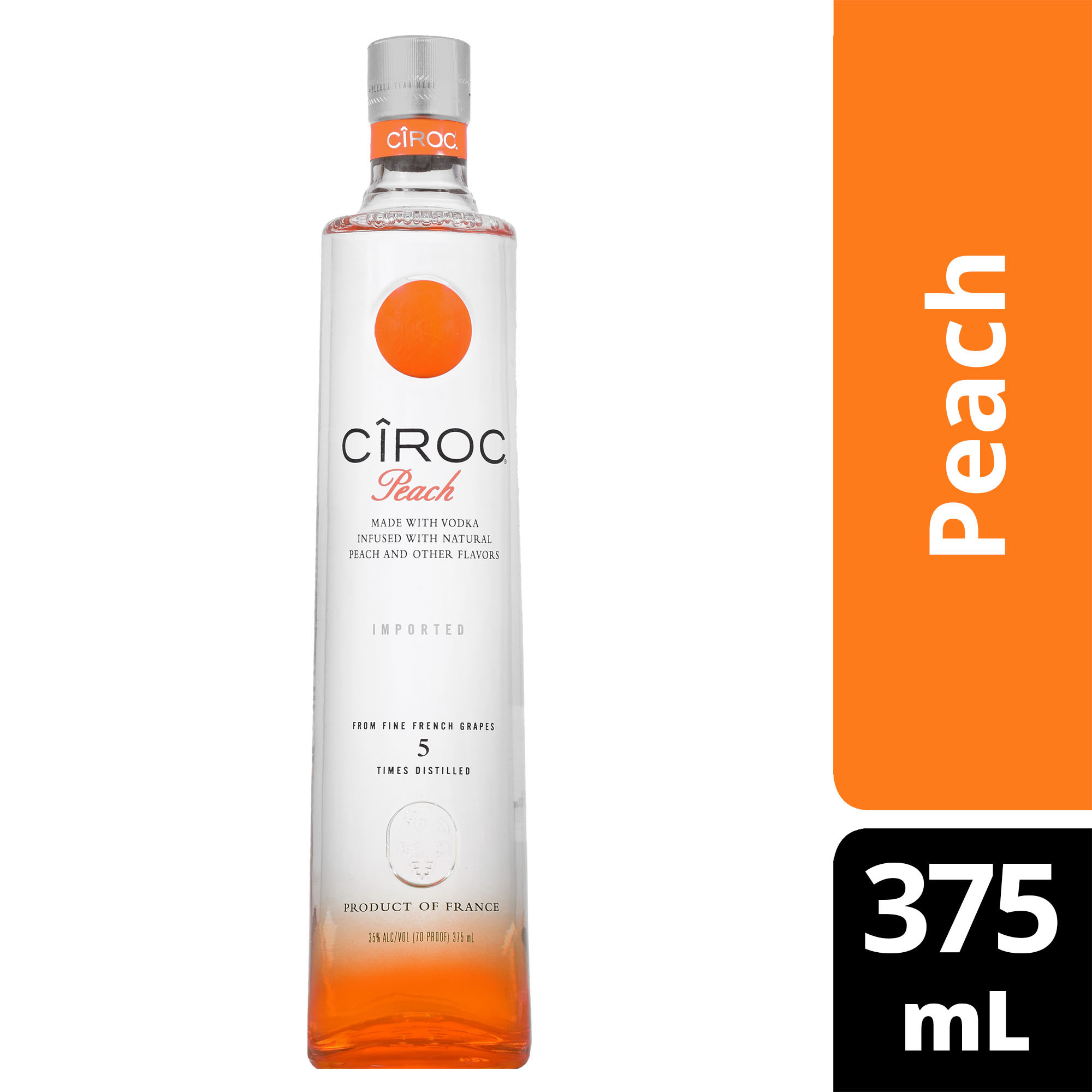 CIROC Peach is a rich tasting spirit made with vodka distilled five times from fine French grapes, finished in a tailor-made copper pot still in Southern France. This spirit is masterfully infused with a distinctive blend of peach and other natural flavors, resulting in a taste experience that is lusciously different and elegantly smooth. Perfect for a Peach Bellini cocktail. Includes one 70 proof 375 mL bottle of CIROC Peach. Please drink responsibly., One 375 mL bottle of CIROC Peach, Perfect as a gift or for any celebration, Gluten-free, Masterfully infused with peach and other natural flavors, Made with vodka distilled five times from fine French grapes, Finished in a tailor-made copper pot still in Southern France