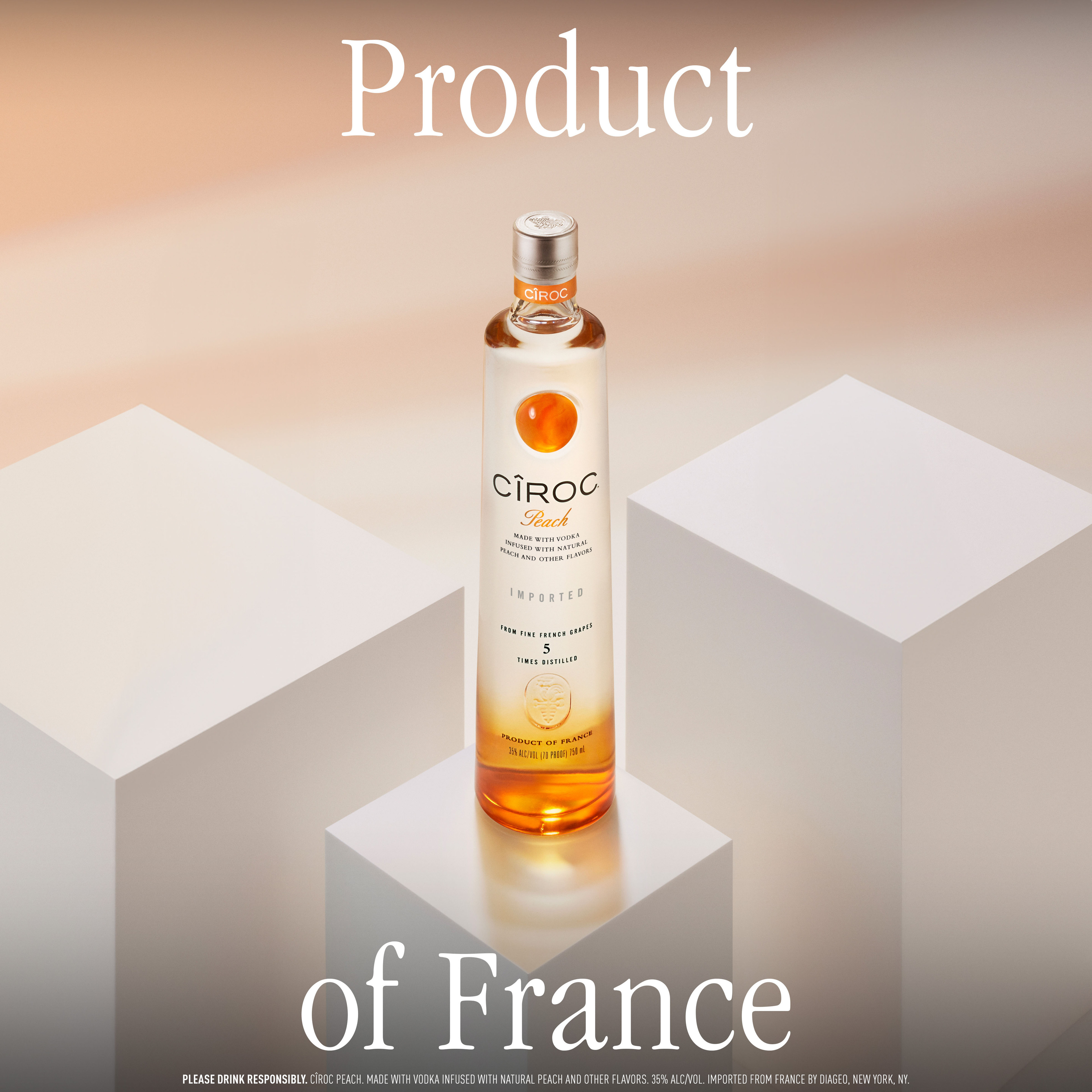 CIROC Peach is a rich tasting spirit made with vodka distilled five times from fine French grapes, finished in a tailor-made copper pot still in Southern France. This spirit is masterfully infused with a distinctive blend of peach and other natural flavors, resulting in a taste experience that is lusciously different and elegantly smooth. Perfect for a Peach Bellini cocktail. Includes one 70 proof 750 mL bottle of CIROC Peach. Please drink responsibly., One 750 mL bottle of CIROC Peach, Perfect as a gift or for any celebration, Gluten-free, Masterfully infused with peach and other natural flavors, Made with vodka distilled five times from fine French grapes, Finished in a tailor-made copper pot still in Southern France