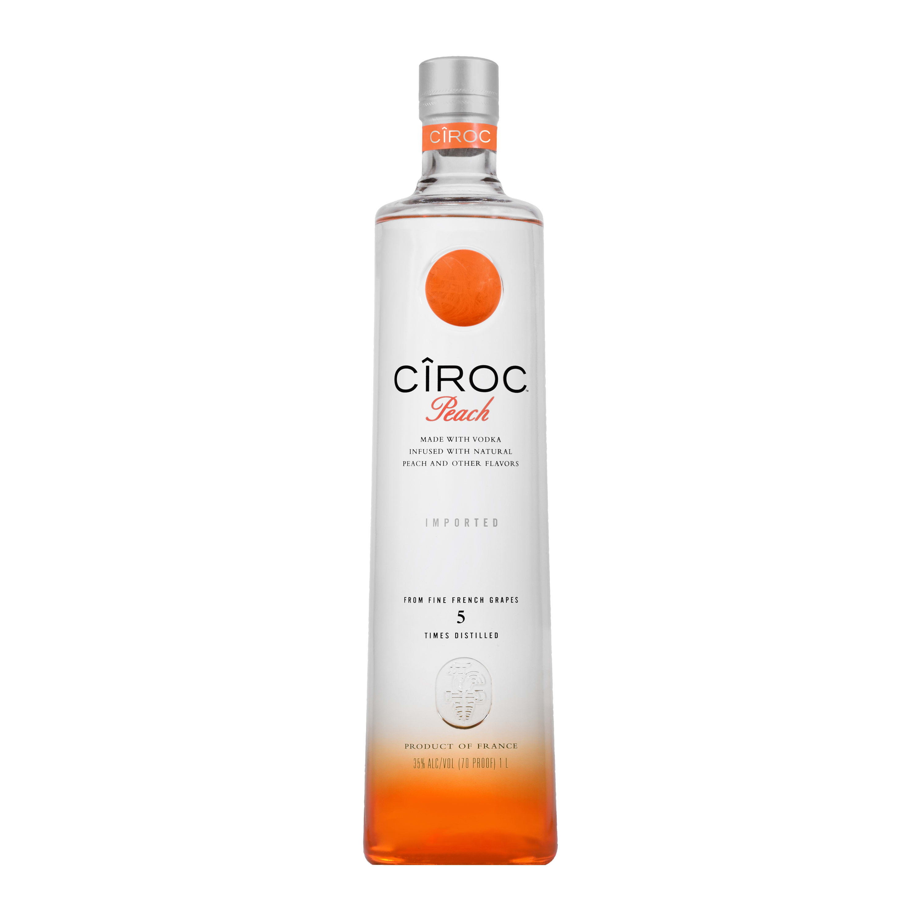 CIROC Peach is a rich tasting spirit made with vodka distilled five times from fine French grapes, finished in a tailor-made copper pot still in Southern France. This spirit is masterfully infused with a distinctive blend of peach and other natural flavors, resulting in a taste experience that is lusciously different and elegantly smooth. Perfect for a Peach Bellini cocktail. CIROC was named One of the Worldâ€™s Best-Selling Vodkas at the 2020 Drinks International awards. Includes one 70 proof 1 L bottle of CIROC Peach. Please drink responsibly., One 1 L bottle of CIROC Peach, Perfect as a gift or for any celebration, Gluten-free, Masterfully infused with peach and other natural flavors, Made with vodka distilled five times from fine French grapes, Finished in a tailor-made copper pot still in Southern France
