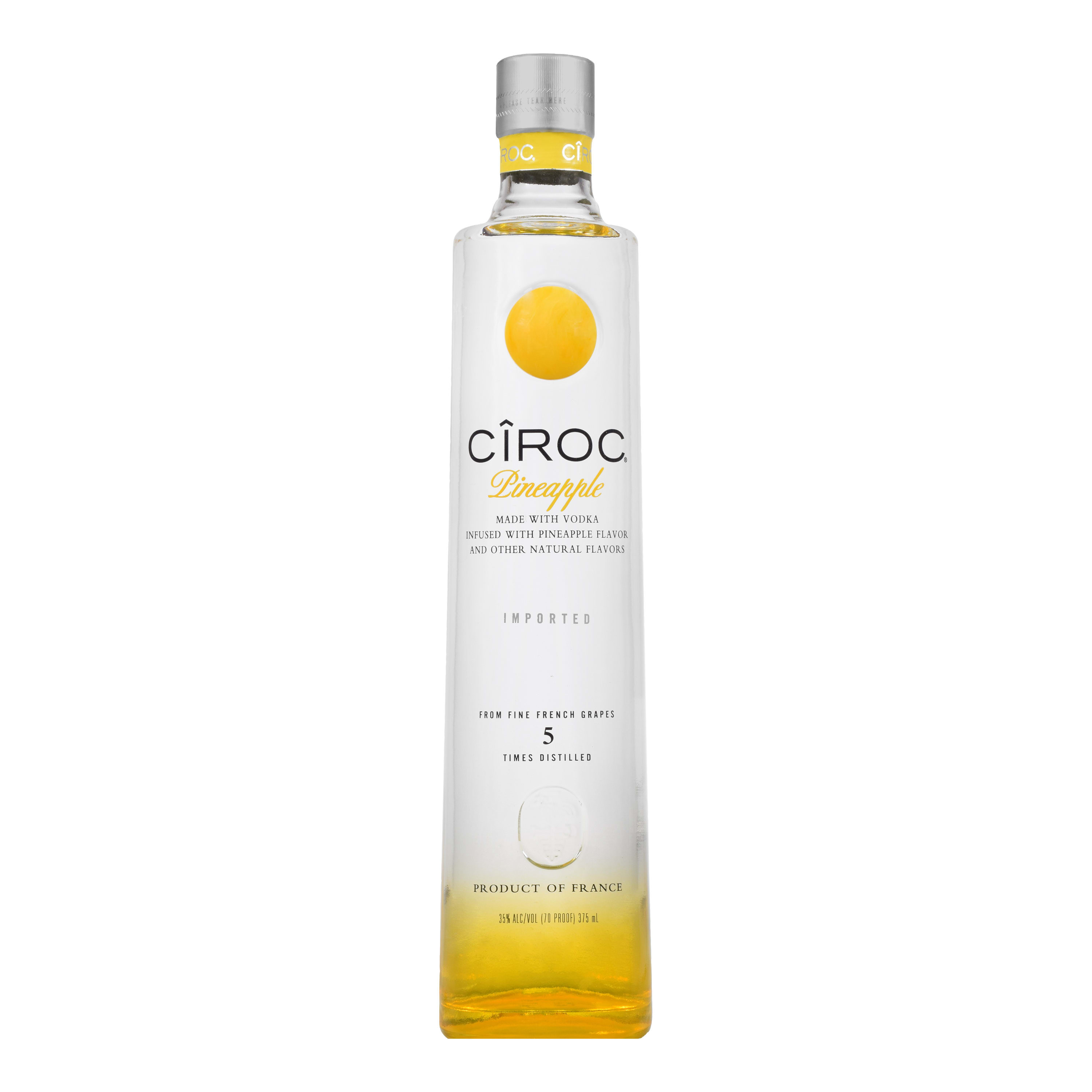 CIROC Pineapple is a rich tasting spirit made with vodka distilled five times from fine French grapes, finished in a tailor-made copper pot still in Southern France. This spirit is masterfully infused with a distinctive blend of pineapple and other natural flavors, resulting in a taste experience that is lusciously different and elegantly smooth. Perfect for any vodka soda. Includes one 70 proof 375 mL bottle of CIROC Pineapple. Please drink responsibly., One 375 mL bottle of CIROC Pineapple, Perfect as a gift or for any celebration, Gluten-free, Masterfully infused with pineapple and other natural flavors, Made with vodka distilled five times from fine French grapes, Finished in a tailor-made copper pot still in Southern France