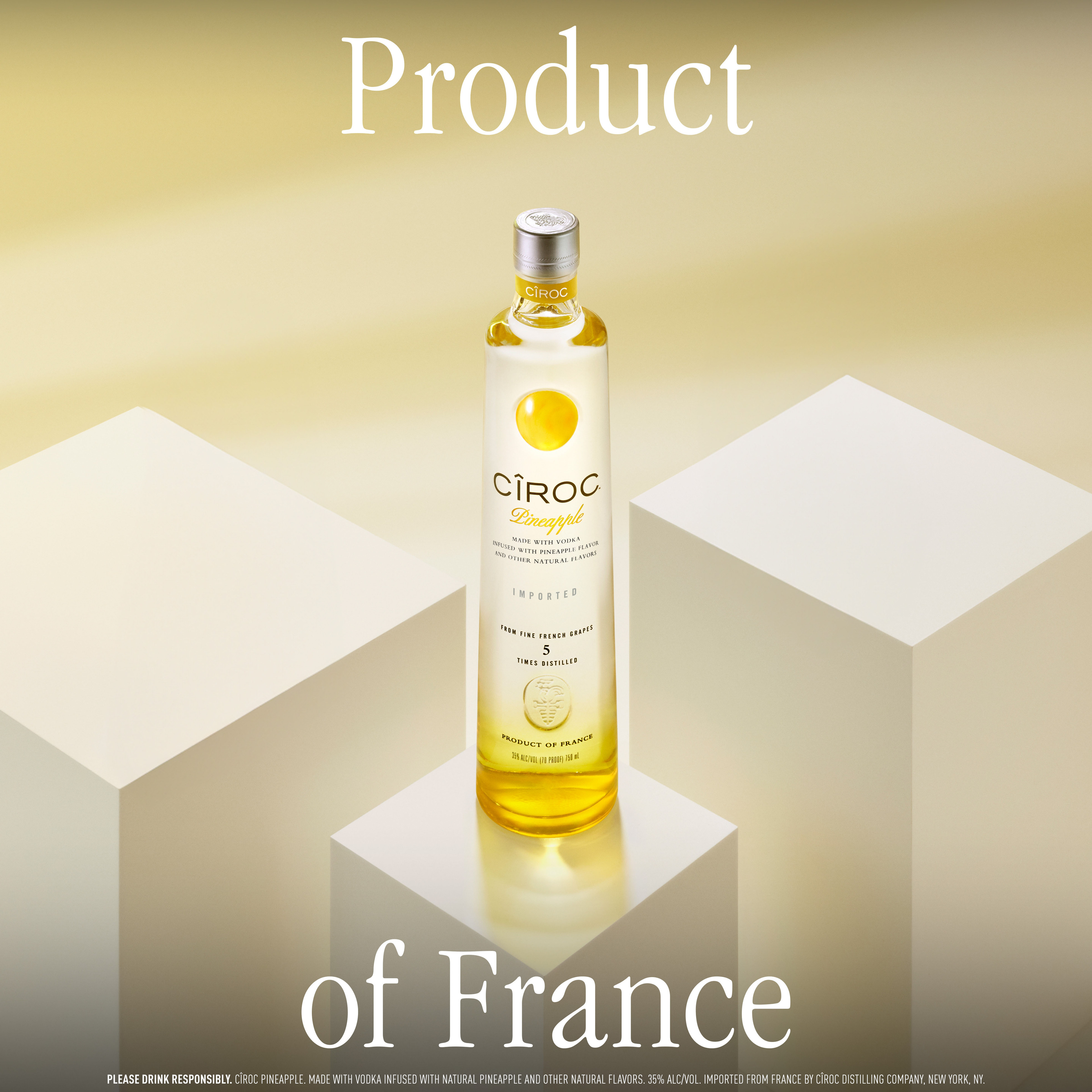 CIROC Pineapple is a rich tasting spirit made with vodka distilled five times from fine French grapes, finished in a tailor-made copper pot still in Southern France. This spirit is masterfully infused with a distinctive blend of pineapple and other natural flavors, resulting in a taste experience that is lusciously different and elegantly smooth. Perfect for any vodka soda. Includes one 70 proof 375 mL bottle of CIROC Pineapple. Please drink responsibly., One 375 mL bottle of CIROC Pineapple, Perfect as a gift or for any celebration, Gluten-free, Masterfully infused with pineapple and other natural flavors, Made with vodka distilled five times from fine French grapes, Finished in a tailor-made copper pot still in Southern France