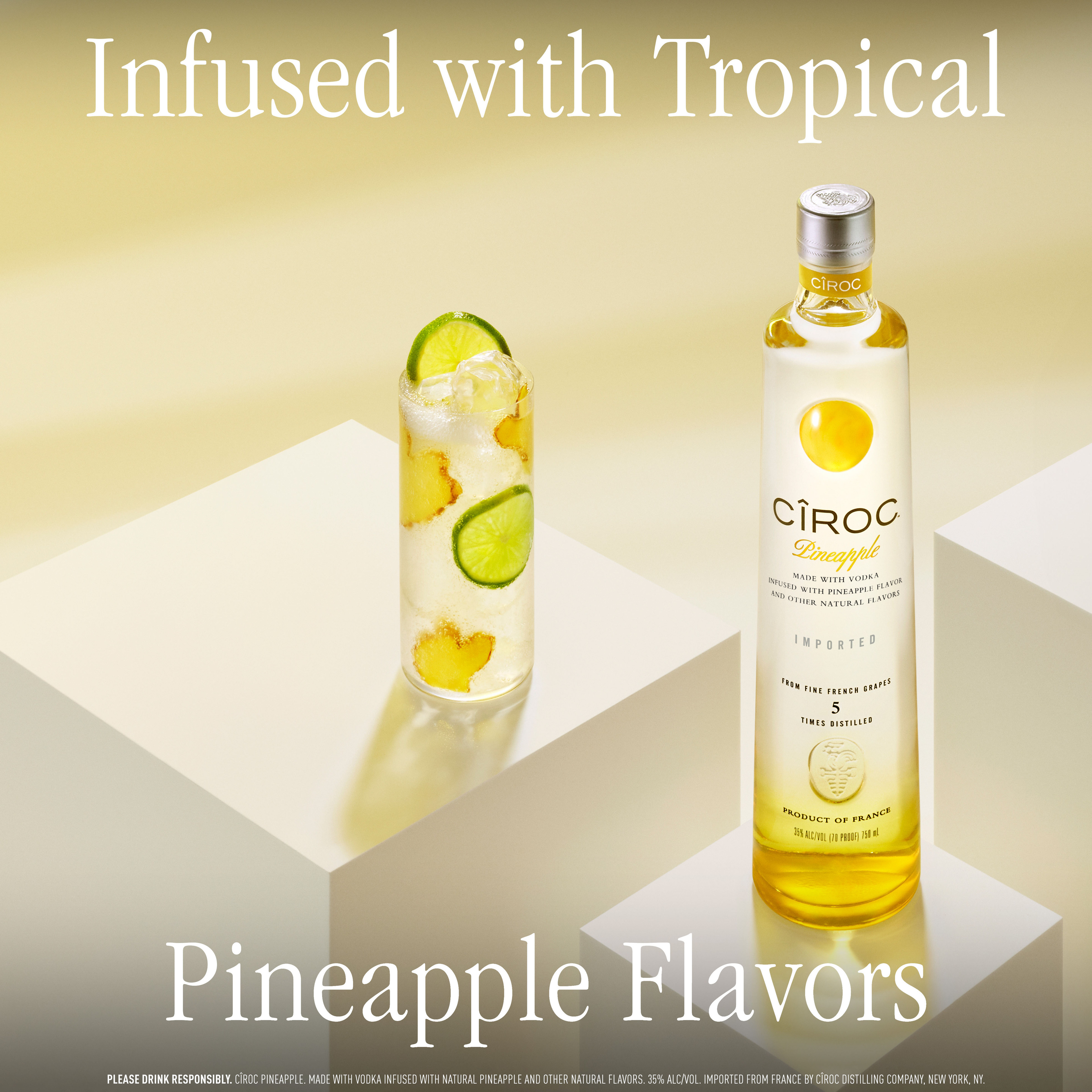 CIROC Pineapple is a rich tasting spirit made with vodka distilled five times from fine French grapes, finished in a tailor-made copper pot still in Southern France. This spirit is masterfully infused with a distinctive blend of pineapple and other natural flavors, resulting in a taste experience that is lusciously different and elegantly smooth. Perfect for any vodka soda. Includes one 70 proof 375 mL bottle of CIROC Pineapple. Please drink responsibly., One 375 mL bottle of CIROC Pineapple, Perfect as a gift or for any celebration, Gluten-free, Masterfully infused with pineapple and other natural flavors, Made with vodka distilled five times from fine French grapes, Finished in a tailor-made copper pot still in Southern France
