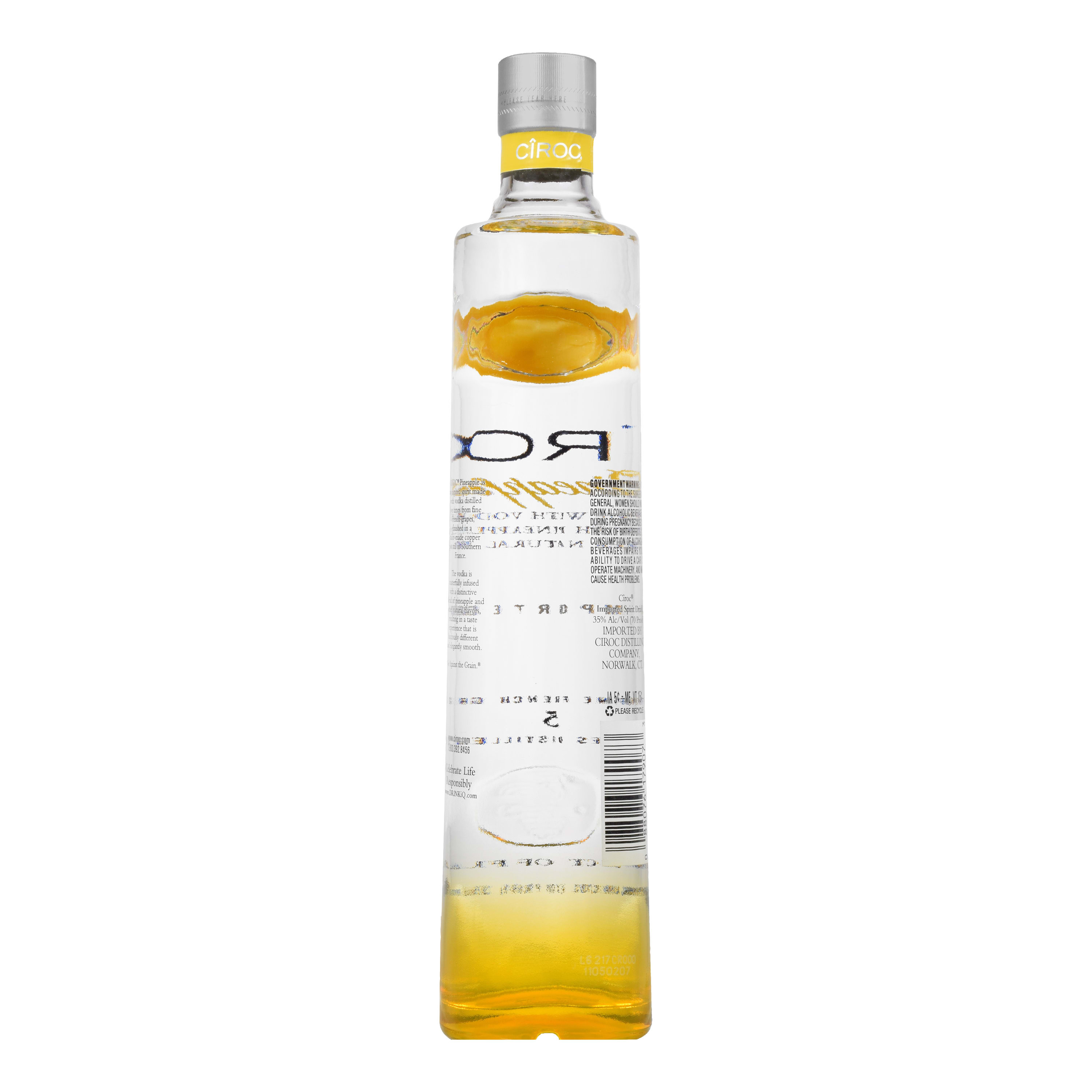 CIROC Pineapple is a rich tasting spirit made with vodka distilled five times from fine French grapes, finished in a tailor-made copper pot still in Southern France. This spirit is masterfully infused with a distinctive blend of pineapple and other natural flavors, resulting in a taste experience that is lusciously different and elegantly smooth. Perfect for any vodka soda. Includes one 70 proof 375 mL bottle of CIROC Pineapple. Please drink responsibly., One 375 mL bottle of CIROC Pineapple, Perfect as a gift or for any celebration, Gluten-free, Masterfully infused with pineapple and other natural flavors, Made with vodka distilled five times from fine French grapes, Finished in a tailor-made copper pot still in Southern France