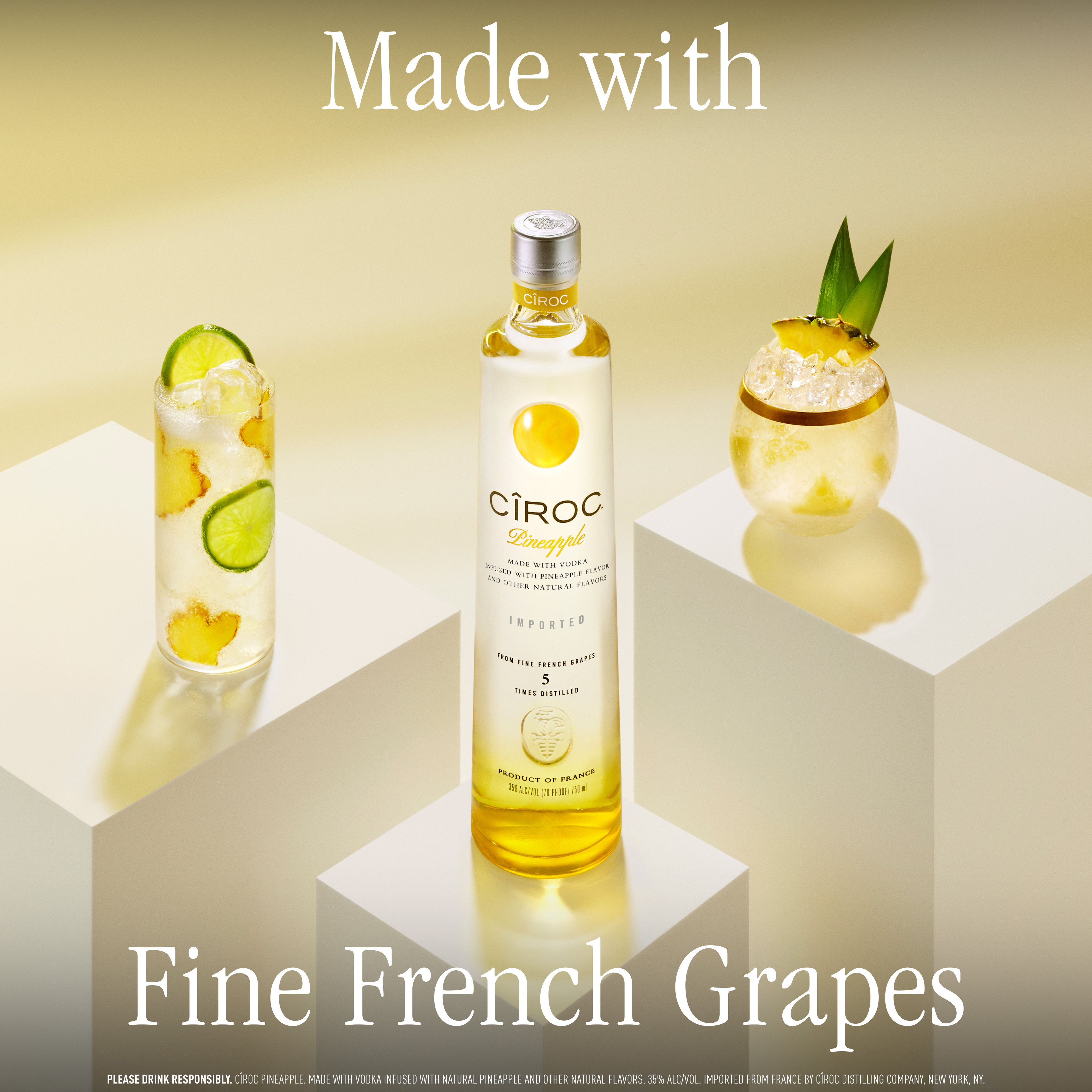 CIROC Pineapple is a rich tasting spirit made with vodka distilled five times from fine French grapes, finished in a tailor-made copper pot still in Southern France. This spirit is masterfully infused with a distinctive blend of pineapple and other natural flavors, resulting in a taste experience that is lusciously different and elegantly smooth. Perfect for any vodka soda. Includes one 70 proof 750 mL bottle of CIROC Pineapple. Please drink responsibly., One 750 mL bottle of CIROC Pineapple, Perfect as a gift or for any celebration, Gluten-free, Masterfully infused with pineapple and other natural flavors, Made with vodka distilled five times from fine French grapes, Finished in a tailor-made copper pot still in Southern France