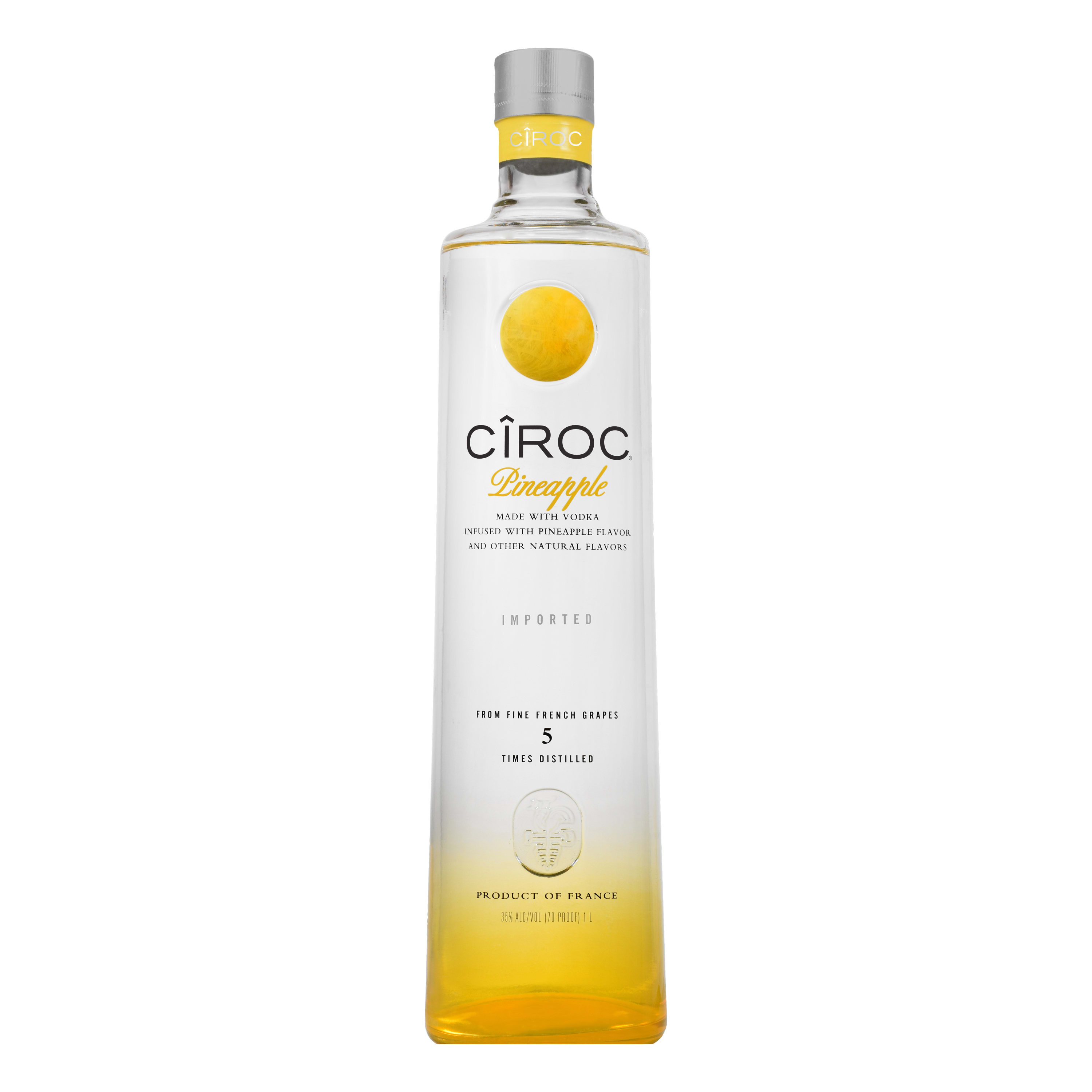 CIROC Pineapple is a rich tasting spirit made with vodka distilled five times from fine French grapes, finished in a tailor-made copper pot still in Southern France. This spirit is masterfully infused with a distinctive blend of pineapple and other natural flavors, resulting in a taste experience that is lusciously different and elegantly smooth. Perfect for any vodka soda. Includes one 70 proof 1 L bottle of CIROC Pineapple. Please drink responsibly., One 1 L bottle of CIROC Pineapple, Perfect as a gift or for any celebration, Gluten-free, Masterfully infused with pineapple and other natural flavors, Made with vodka distilled five times from fine French grapes, Finished in a tailor-made copper pot still in Southern France