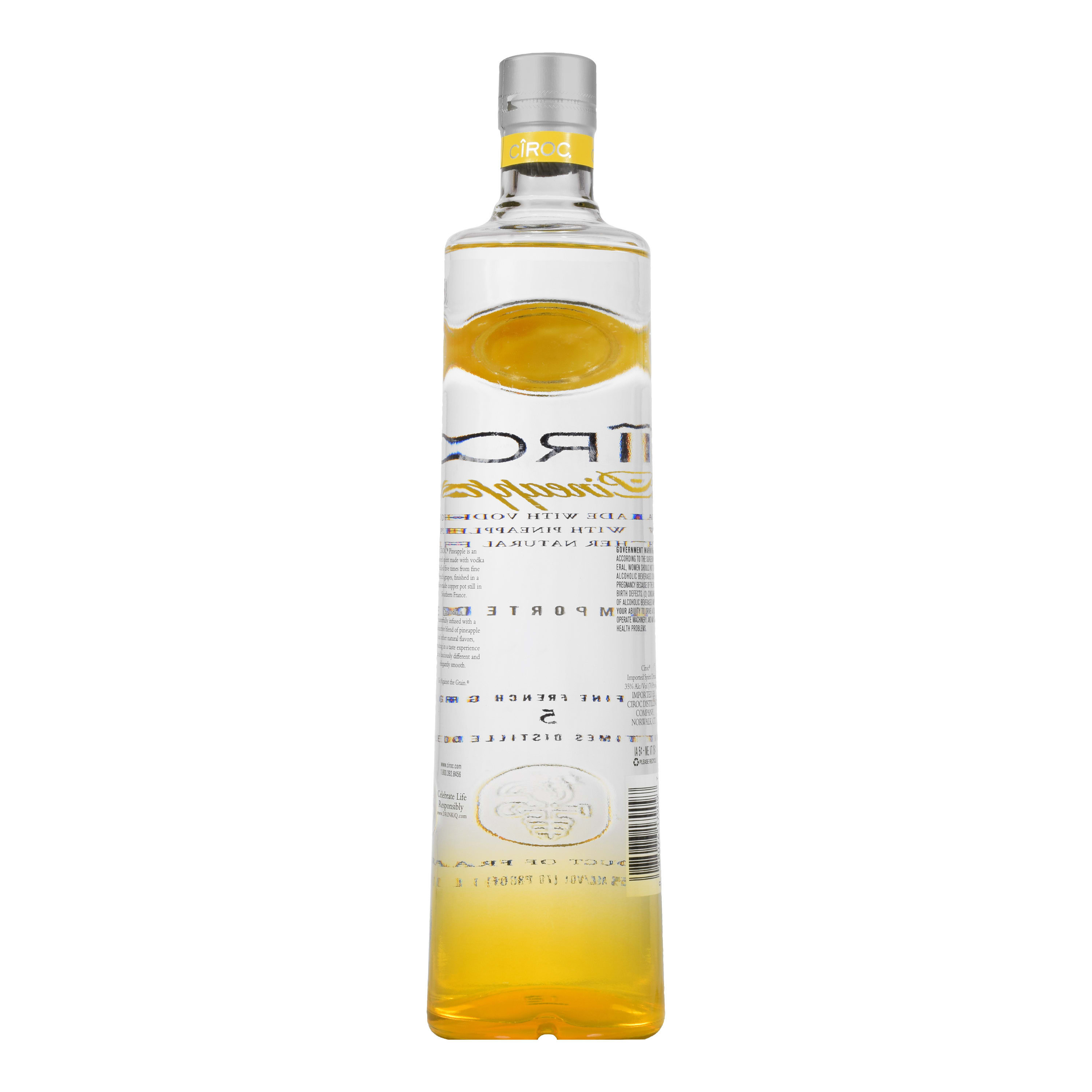 CIROC Pineapple is a rich tasting spirit made with vodka distilled five times from fine French grapes, finished in a tailor-made copper pot still in Southern France. This spirit is masterfully infused with a distinctive blend of pineapple and other natural flavors, resulting in a taste experience that is lusciously different and elegantly smooth. Perfect for any vodka soda. Includes one 70 proof 1 L bottle of CIROC Pineapple. Please drink responsibly., One 1 L bottle of CIROC Pineapple, Perfect as a gift or for any celebration, Gluten-free, Masterfully infused with pineapple and other natural flavors, Made with vodka distilled five times from fine French grapes, Finished in a tailor-made copper pot still in Southern France