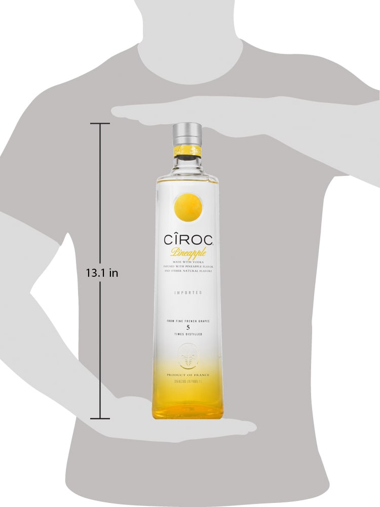 CIROC Pineapple is a rich tasting spirit made with vodka distilled five times from fine French grapes, finished in a tailor-made copper pot still in Southern France. This spirit is masterfully infused with a distinctive blend of pineapple and other natural flavors, resulting in a taste experience that is lusciously different and elegantly smooth. Perfect for any vodka soda. Includes one 70 proof 1 L bottle of CIROC Pineapple. Please drink responsibly., One 1 L bottle of CIROC Pineapple, Perfect as a gift or for any celebration, Gluten-free, Masterfully infused with pineapple and other natural flavors, Made with vodka distilled five times from fine French grapes, Finished in a tailor-made copper pot still in Southern France