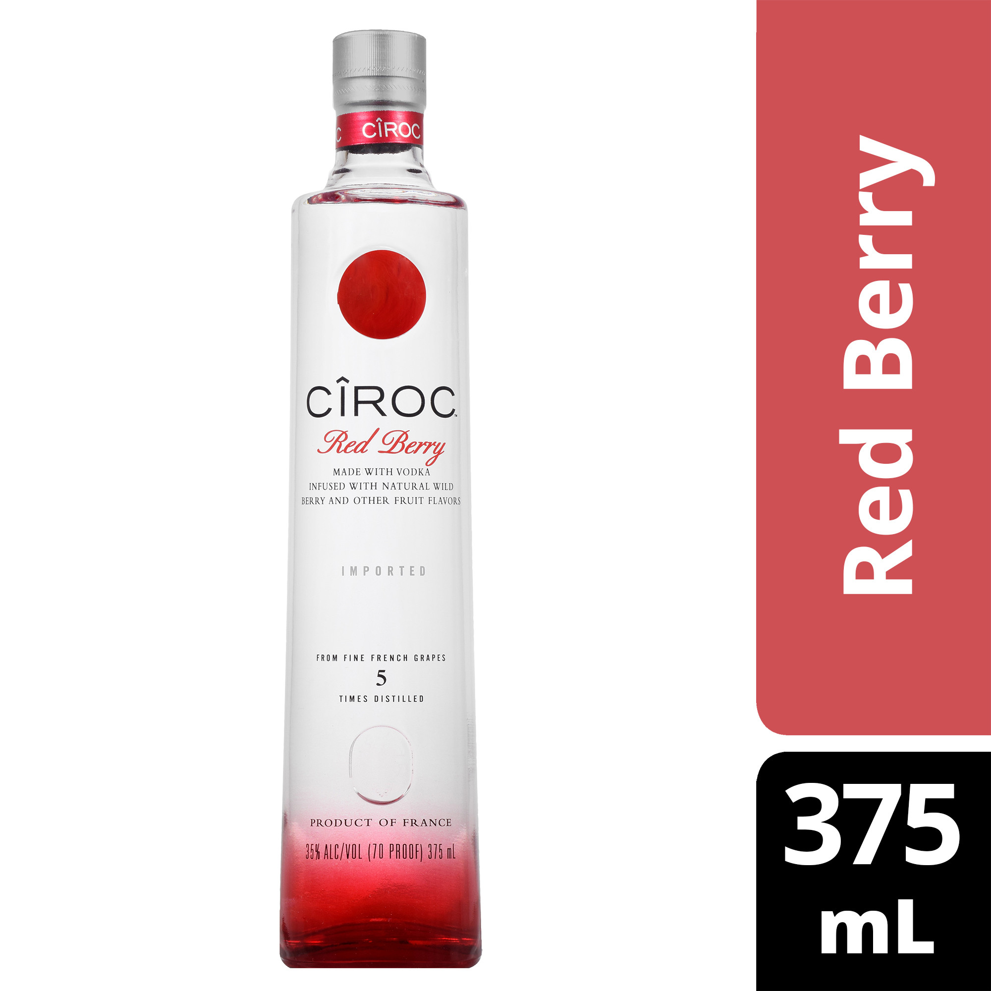 CIROC Red Berry is a rich tasting spirit made with vodka distilled five times from fine French grapes, finished in a tailor-made copper pot still in Southern France. This spirit is masterfully infused with a distinctive blend of raspberry, strawberry and other natural flavors, resulting in a taste experience that is lusciously different and elegantly smooth. Perfect for any vodka soda. Includes one 70 proof 375 mL bottle of CIROC Red Berry. Please drink responsibly., One 375 mL bottle of CIROC Red Berry, Perfect as a gift or for any celebration, Gluten-free, Masterfully infused with raspberry, strawberry and other natural flavors, Made with vodka distilled five times from fine French grapes, Finished in a tailor-made copper pot still in Southern France