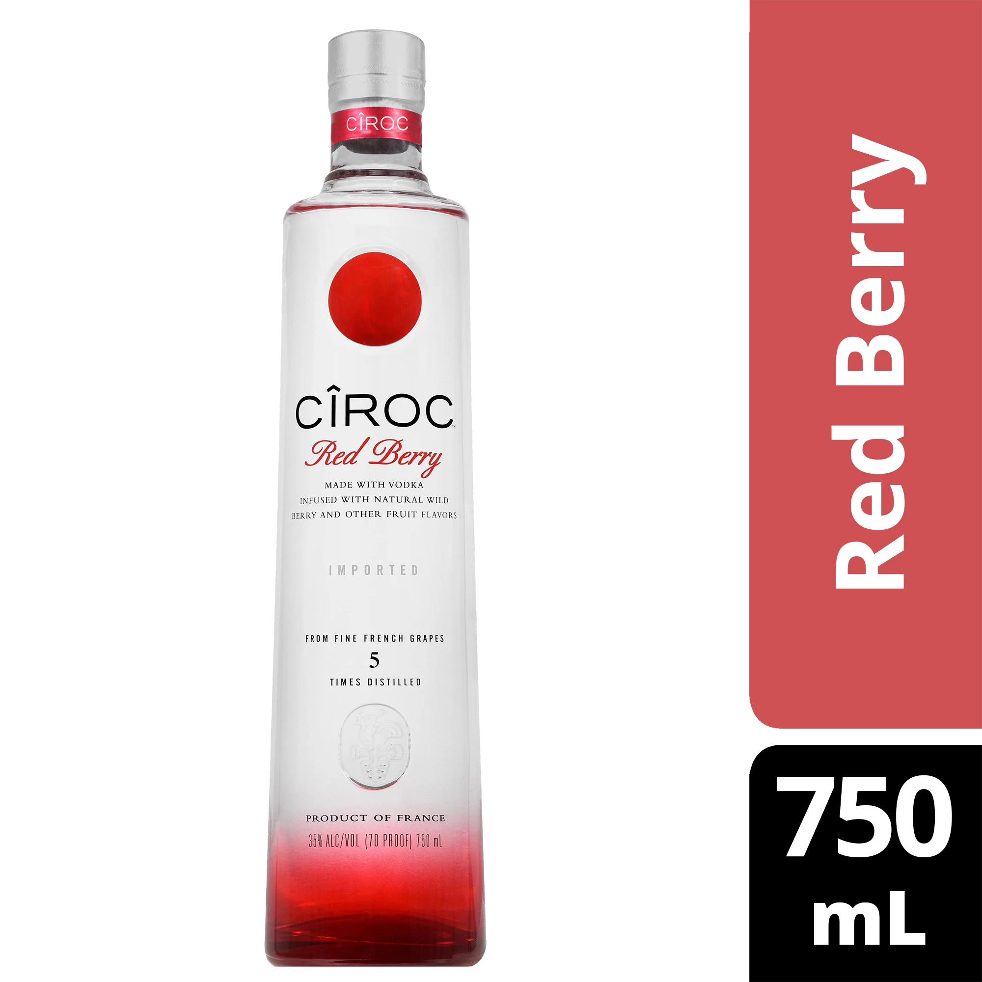 CIROC Red Berry is a rich tasting spirit made with vodka distilled five times from fine French grapes, finished in a tailor-made copper pot still in Southern France. This spirit is masterfully infused with a distinctive blend of raspberry, strawberry and other natural flavors, resulting in a taste experience that is lusciously different and elegantly smooth. Simply mix with cranberry and lime juices for a refreshing tasting CIROC Cosmo. CIROC was named One of the Worldâ€™s Best-Selling Vodkas at the 2020 Drinks International awards. Includes one 70 proof 750 mL bottle of CIROC Red Berry. Please drink responsibly., One 750 mL bottle of CIROC Red Berry, Perfect as a gift or for any celebration, Gluten-free, Masterfully infused with raspberry, strawberry and other natural flavors, Made with vodka distilled five times from fine French grapes, Finished in a tailor-made copper pot still in Southern France