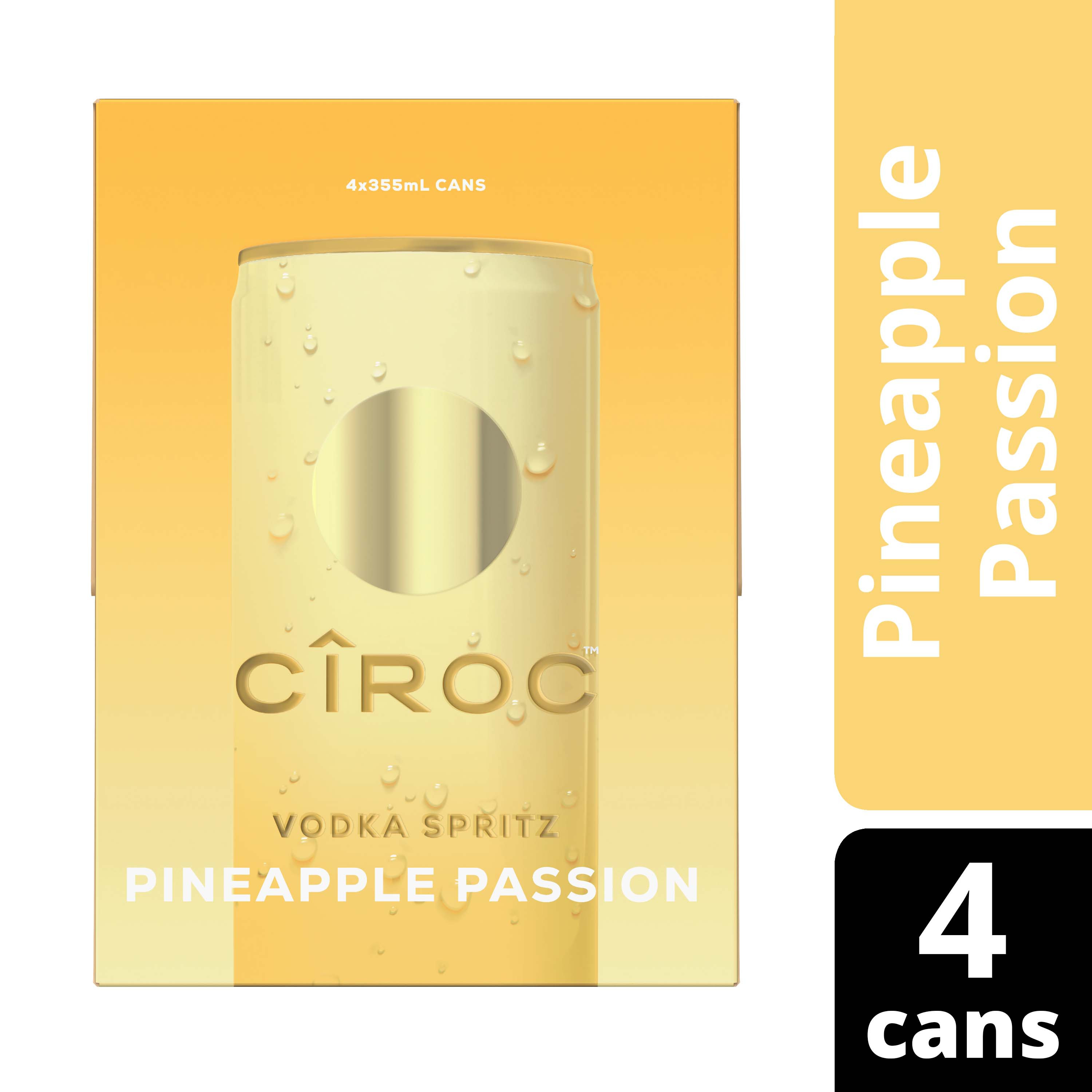Elevate your next celebration, big or small, with CIROC Vodka Spritz Pineapple Passion. Made with our finest ingredients in a slim, ready-to-drink can, this cocktail is prepared with vodka distilled from fine French grapes and features a juicy pineapple flavor with a hint of tropical fruit and orange zest on the finish. CIROC Vodka Spritz Pineapple Passion is gluten-free, made with natural flavors, and contains no artificial sweeteners. Taste the luxury by serving chilled in the can or over ice. Includes four 7% alc./vol. 12 fl oz slim cans of CIROC Vodka Spritz Pineapple Passion. Please drink responsibly., Four 12 fl oz slim cans of CIROC Vodka Spritz Pineapple Passion, Perfect for any celebration, Our finest ingredients in a slim, ready-to-drink can, Features a juicy pineapple flavor with a hint of tropical fruit and orange zest on the finish, Made with vodka distilled from fine French grapes, Gluten-free, made with natural flavors and contains no artificial sweeteners
