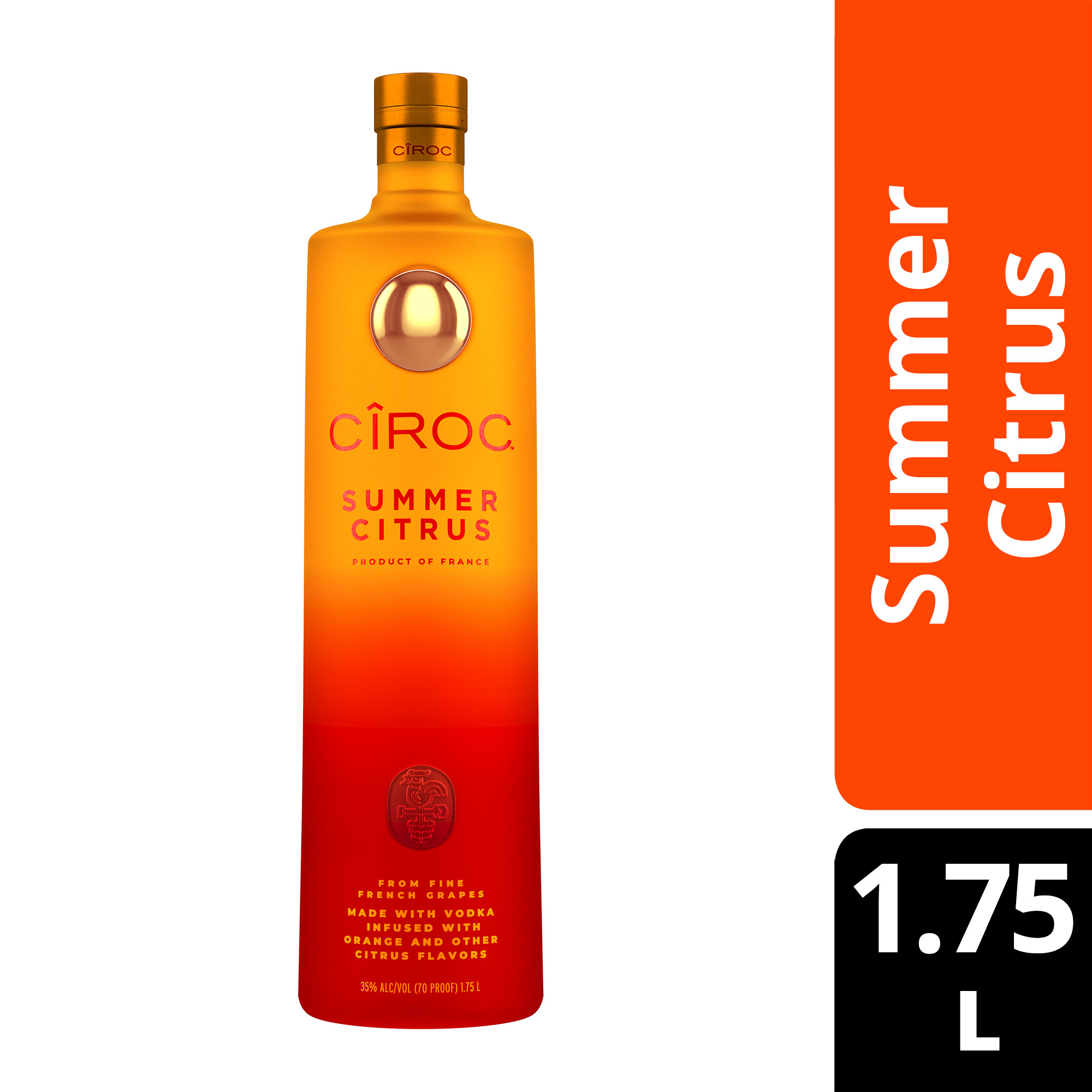 Drink in the bright tastes of summertime with CIROC Summer Citrus. Our rich-tasting spirit is made with vodka distilled five times from fine French grapes, and is finished in a tailor-made copper pot still in Southern France. Featuring a distinctive citrus taste imparted by the grapes, CIROC Summer Citrus is masterfully infused with a blend of orange and other tangy, citrus flavors. The sun-kissed nose of bright, juicy orange and hints of lime zest culminate in a silky-smooth, full-bodied finish. Bursting with vibrant flavor, our Summer Citrus is perfect for relaxing at home or by the pool. Perfect for any vodka soda. Includes one 70 proof 1.75 L bottle of CIROC Summer Citrus. Please drink responsibly., One 1.75 L bottle of CIROC Summer Citrus, 2021 San Francisco World Spirits Competition Gold Medal Winner, Finished in a tailor-made copper pot still in Southern France, A vibrant summertime spirit, Masterfully infused with orange and other citrus flavors, Made with vodka distilled five times from fine French grapes