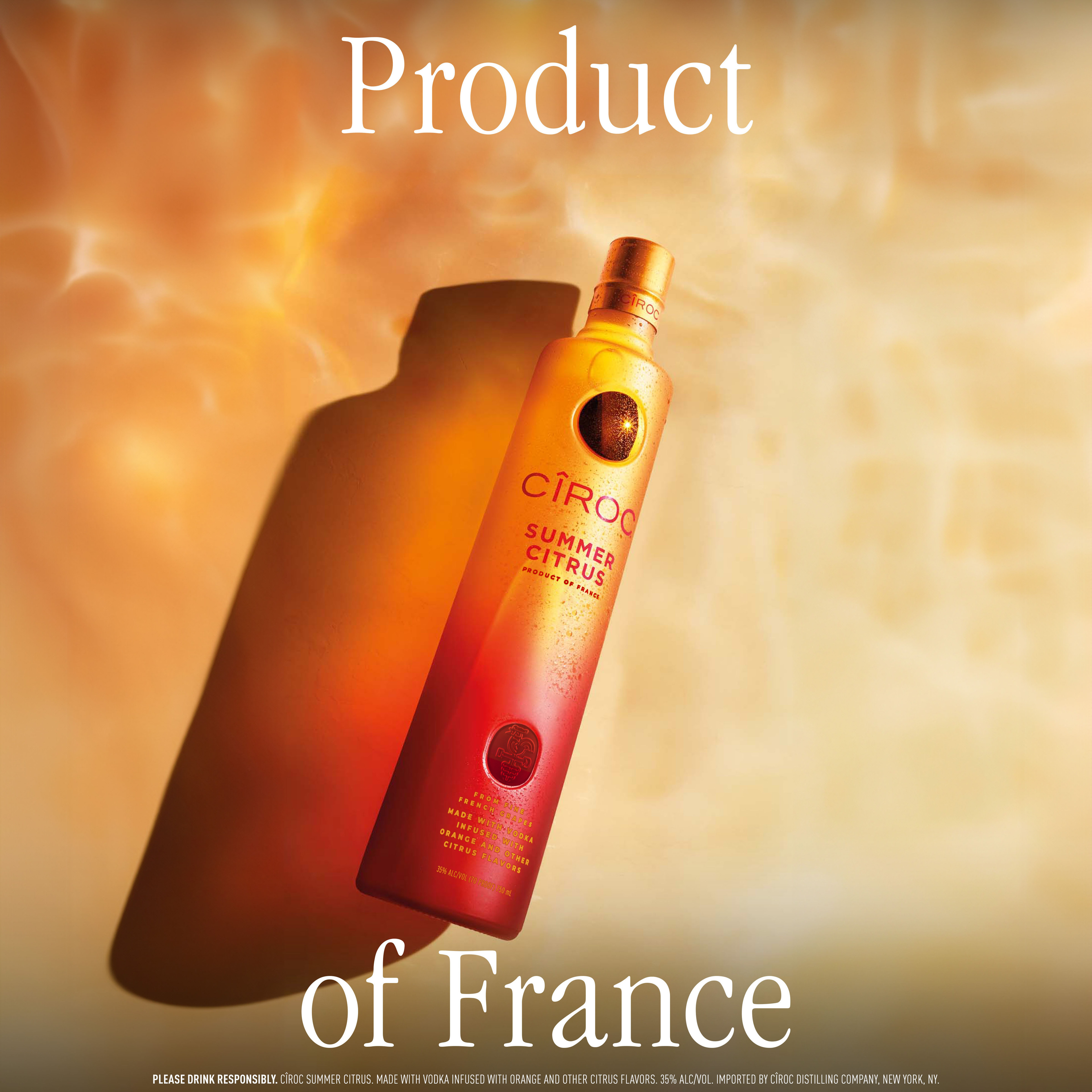 Drink in the bright tastes of summertime with CIROC Summer Citrus. Our rich-tasting spirit is made with vodka distilled five times from fine French grapes, and is finished in a tailor-made copper pot still in Southern France. Featuring a distinctive citrus taste imparted by the grapes, CIROC Summer Citrus is masterfully infused with a blend of orange and other tangy, citrus flavors. The sun-kissed nose of bright, juicy orange and hints of lime zest culminate in a silky-smooth, full-bodied finish. Bursting with vibrant flavor, our Summer Citrus is perfect for relaxing at home or by the pool. Perfect for any vodka soda. Includes one 70 proof 1.75 L bottle of CIROC Summer Citrus. Please drink responsibly., One 1.75 L bottle of CIROC Summer Citrus, 2021 San Francisco World Spirits Competition Gold Medal Winner, Finished in a tailor-made copper pot still in Southern France, A vibrant summertime spirit, Masterfully infused with orange and other citrus flavors, Made with vodka distilled five times from fine French grapes