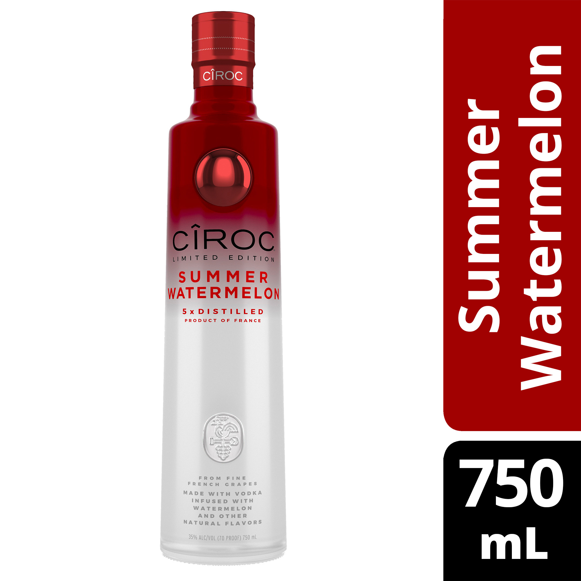 Whether you're at home, a bar or relaxing by the water, bring a touch of fun to summer celebrations with the ultra premium, juicy taste of CIROC Limited Edition Summer Watermelon. Our rich tasting spirit is made with vodka distilled five times from fine French grapes and finished in a tailor-made copper pot still in Southern France. This vodka is masterfully infused with a distinctive blend of watermelon and other natural flavors, resulting in a taste experience that is lusciously different and elegantly smooth. Bursting with vibrant flavor, our Summer Watermelon blend is born from summer and bred for sunshine. Perfect for a CIROC Summer Watermelon cocktail. CIROC was named One of the Worldâ€™s Best-Selling Vodkas at the 2020 Drinks International awards. Includes one 70 proof 750 mL bottle of CIROC Limited Edition Summer Watermelon. Please drink responsibly., One 750 mL bottle of CIROC Limited Edition Summer Watermelon, Perfect as a gift or for any celebration, Finished in a tailor-made copper pot still in Southern France, Perfect for summer celebrations at home, a bar or while relaxing poolside, Masterfully infused with a distinctive blend of watermelon and other natural flavors, Made with vodka distilled five times from fine French grapes