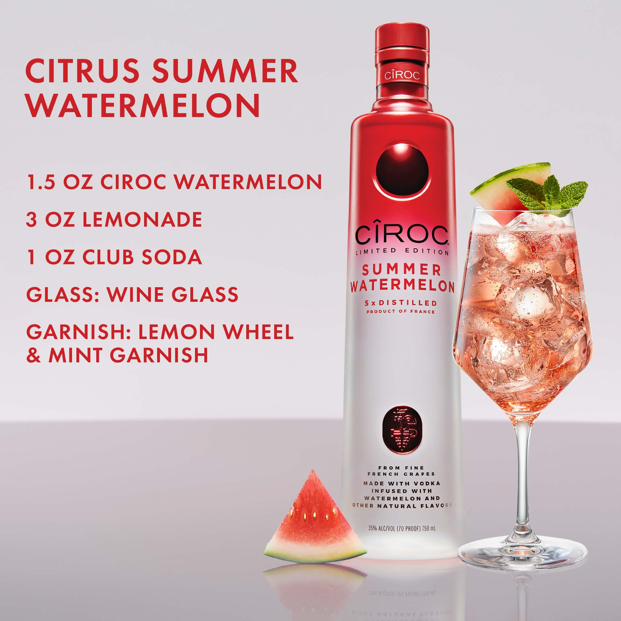 Whether you're at home, a bar or relaxing by the water, bring a touch of fun to summer celebrations with the ultra premium, juicy taste of CIROC Limited Edition Summer Watermelon. Our rich tasting spirit is made with vodka distilled five times from fine French grapes and finished in a tailor-made copper pot still in Southern France. This vodka is masterfully infused with a distinctive blend of watermelon and other natural flavors, resulting in a taste experience that is lusciously different and elegantly smooth. Bursting with vibrant flavor, our Summer Watermelon blend is born from summer and bred for sunshine. Perfect for a CIROC Summer Watermelon cocktail. CIROC was named One of the Worldâ€™s Best-Selling Vodkas at the 2020 Drinks International awards. Includes one 70 proof 750 mL bottle of CIROC Limited Edition Summer Watermelon. Please drink responsibly., One 750 mL bottle of CIROC Limited Edition Summer Watermelon, Perfect as a gift or for any celebration, Finished in a tailor-made copper pot still in Southern France, Perfect for summer celebrations at home, a bar or while relaxing poolside, Masterfully infused with a distinctive blend of watermelon and other natural flavors, Made with vodka distilled five times from fine French grapes
