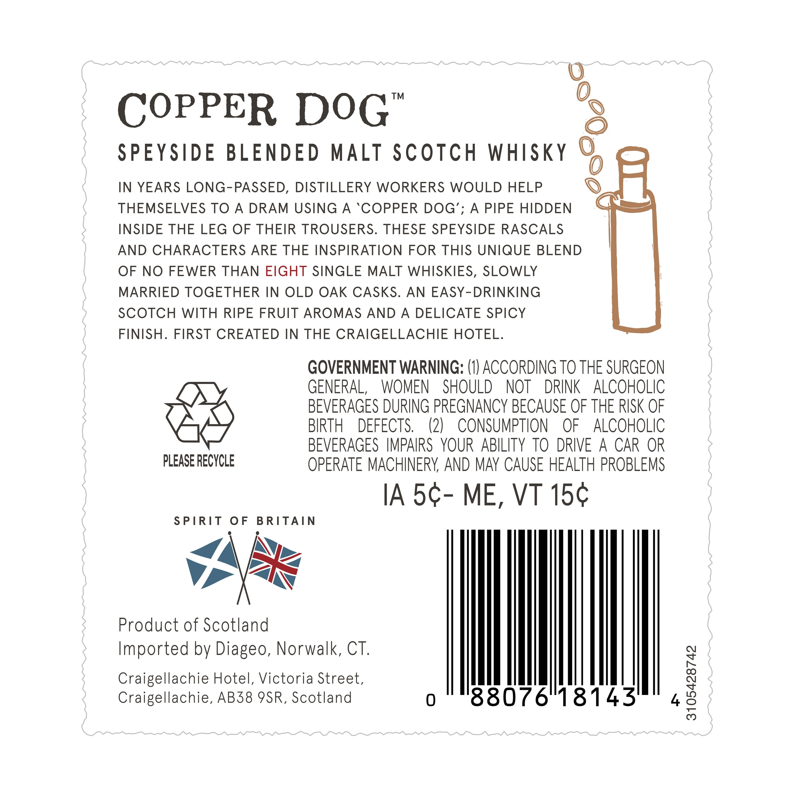 Kick back with an easy-drinking glass of Copper Dog Speyside Blended Malt Scotch Whisky. Crafted with no fewer than eight fine Speyside single malts slowly married together in old oak casks, our Scotch whisky has a nose of ripe orchard fruit, berries and a hint of citrus, layered above a background of sweet wood and vanilla fudge. Its rich and creamy mouthfeel features notes of toffee apple, caramelized sugars, soft fruits and a gentle wood presence. Subtle, distant spices help carry the fruit and vanilla characters into a long, creamy finish. Best enjoyed in a morning dog walk cocktail. Top with tonic water and enjoy! Includes one 80 proof 750 mL bottle of Copper Dog Speyside Blended Malt Scotch Whisky. Please drink responsibly., One 750 mL bottle of Copper Dog Speyside Blended Malt Scotch Whisky, Awarded a Gold medal in 2022 and 2021 and a Double Gold medal at the 2020 San Francisco World Spirits Competition, Notes of toffee apple, caramelized sugars, soft fruits and gentle wood, Aroma of ripe orchard fruit, berries and a hint of citrus, A blend of no fewer than eight fine Speyside single malts slowly married together in old oak casks, Rich and creamy mouthfeel with a long, delicately spicy finish