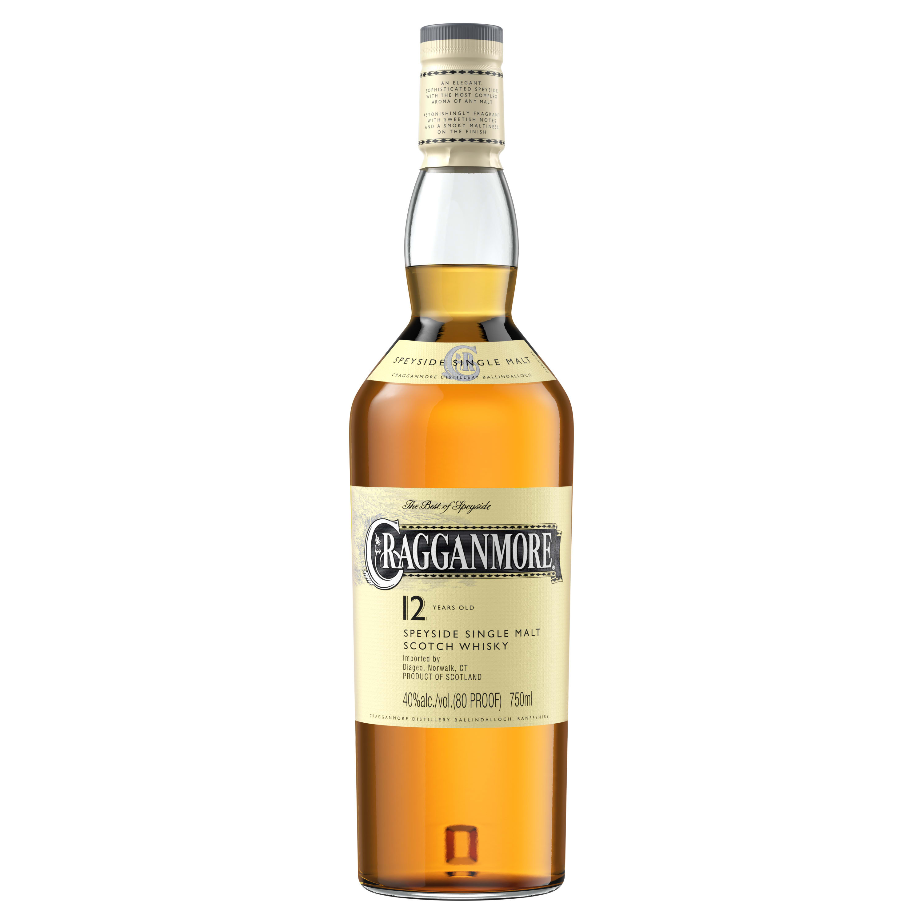 Taste the character and craft in every drop of Cragganmore 12 Year Old Single Malt Scotch Whisky. Made with malted barley, the combination of sweet floral fragrances and vanilla proceeds into the strong taste of sandalwood and sweet wood smoke for a long, malt-driven finish. Cragganmore Scotch can count barley and Scotlandâ€™s fastest flowing river as two of its natural influences in the creation of its definitive and award-winning medium weight malt. Serve on the rocks in a tumbler or tulip glass to concentrate its flavor. Includes one 80 proof 750 mL bottle of Cragganmore 12 Year Old Single Malt Scotch Whisky. Please drink responsibly., One 750 mL bottle of Cragganmore 12 Year Old Single Malt Scotch Whisky, 2017 San Francisco World Spirits Competition Winner, 80 Proof, Long, malt-driven finish, Made with malted barley, A strong taste with hints of sweet wood smoke and sandalwood