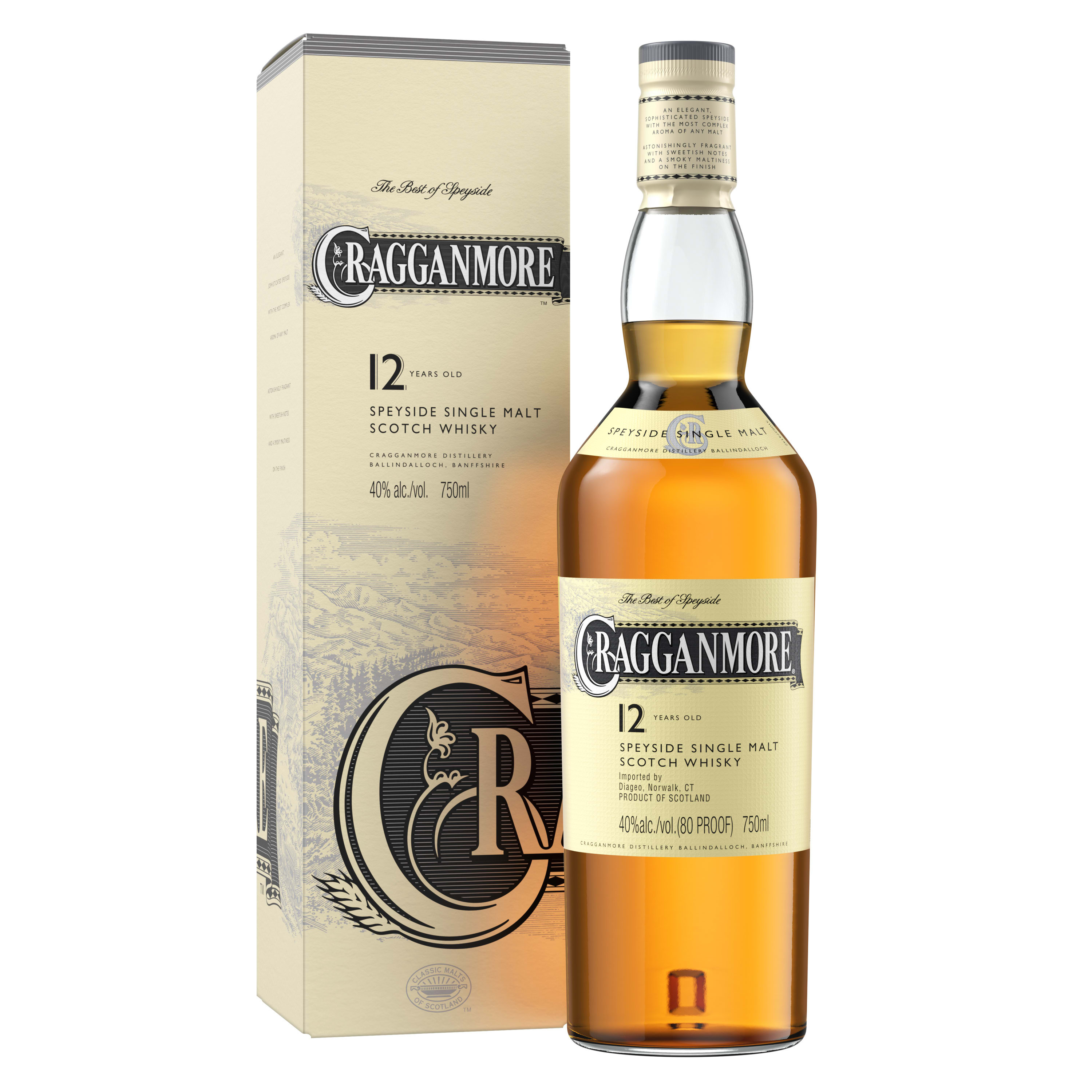 Taste the character and craft in every drop of Cragganmore 12 Year Old Single Malt Scotch Whisky. Made with malted barley, the combination of sweet floral fragrances and vanilla proceeds into the strong taste of sandalwood and sweet wood smoke for a long, malt-driven finish. Cragganmore Scotch can count barley and Scotlandâ€™s fastest flowing river as two of its natural influences in the creation of its definitive and award-winning medium weight malt. Serve on the rocks in a tumbler or tulip glass to concentrate its flavor. Includes one 80 proof 750 mL bottle of Cragganmore 12 Year Old Single Malt Scotch Whisky. Please drink responsibly., One 750 mL bottle of Cragganmore 12 Year Old Single Malt Scotch Whisky, 2017 San Francisco World Spirits Competition Winner, 80 Proof, Long, malt-driven finish, Made with malted barley, A strong taste with hints of sweet wood smoke and sandalwood