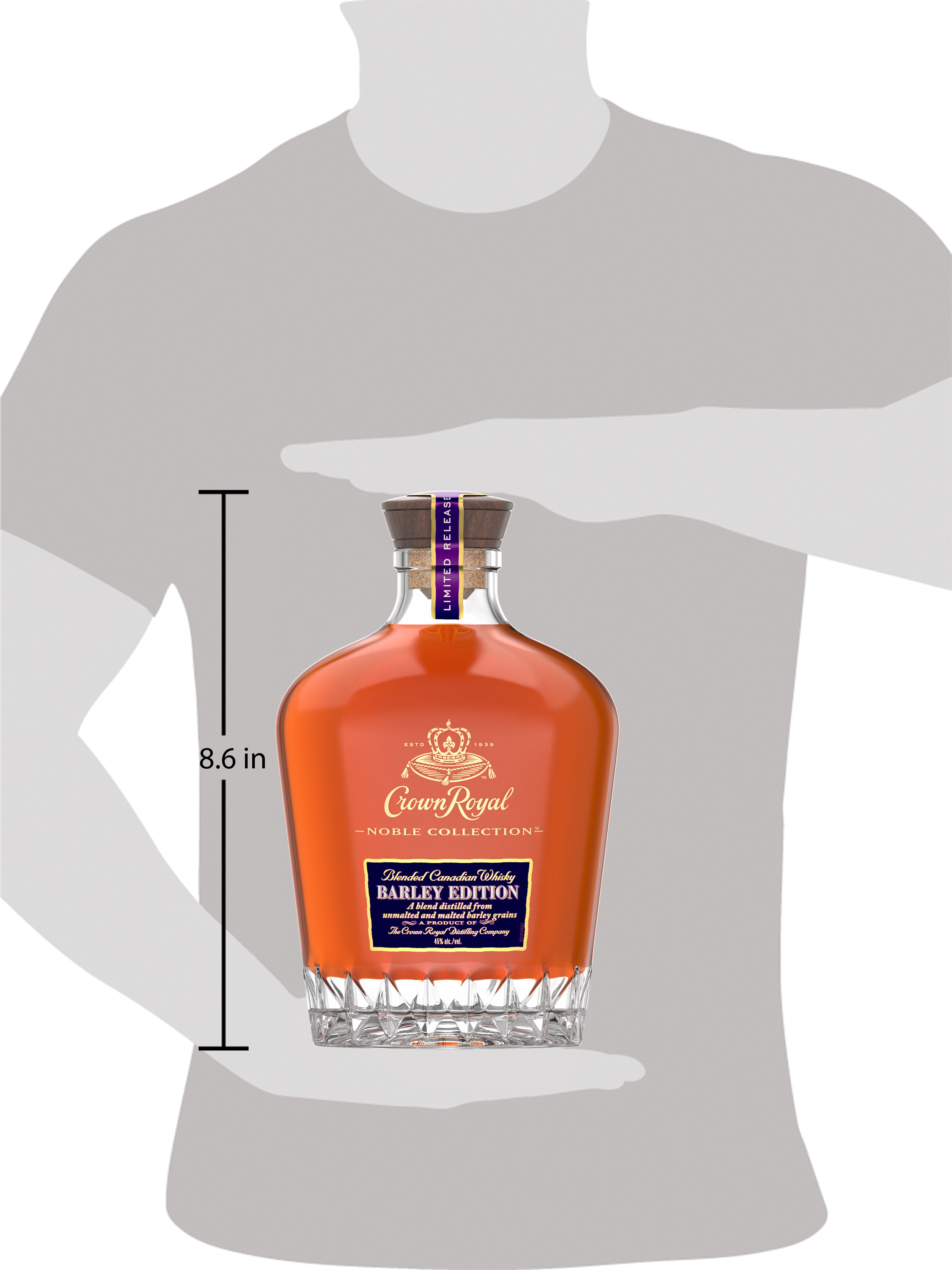 Lounge in luxury with an incredibly smooth glass of Crown Royal Noble Collection Barley Edition Blended Canadian Whisky. This luxe whisky is the seventh and last limited release of the Noble Collection. Aged for at least 5 years, this extraordinary blend of whiskies is distilled from unmalted and malted barley grains. An aroma of creamy vanilla and fruity green apple complements a palate of spicy notes of toasted oak and sweet caramel with a warm, rounded finish. Best served neat to enjoy its depth and flavor. Includes one 90 proof 750 mL bottle of Crown Royal Noble Collection Barley Edition Blended Canadian Whisky. Please drink responsibly., Includes one 750 mL bottle of Crown Royal Noble Collection Barley Edition Blended Canadian Whisky, 90 Proof, Perfect as a gift or addition to your whisky collection, Spicy notes of toasted oak and sweet caramel, The seventh and last limited release of the Noble Collection, Distilled from 85% unmalted and 15% malted barley grains