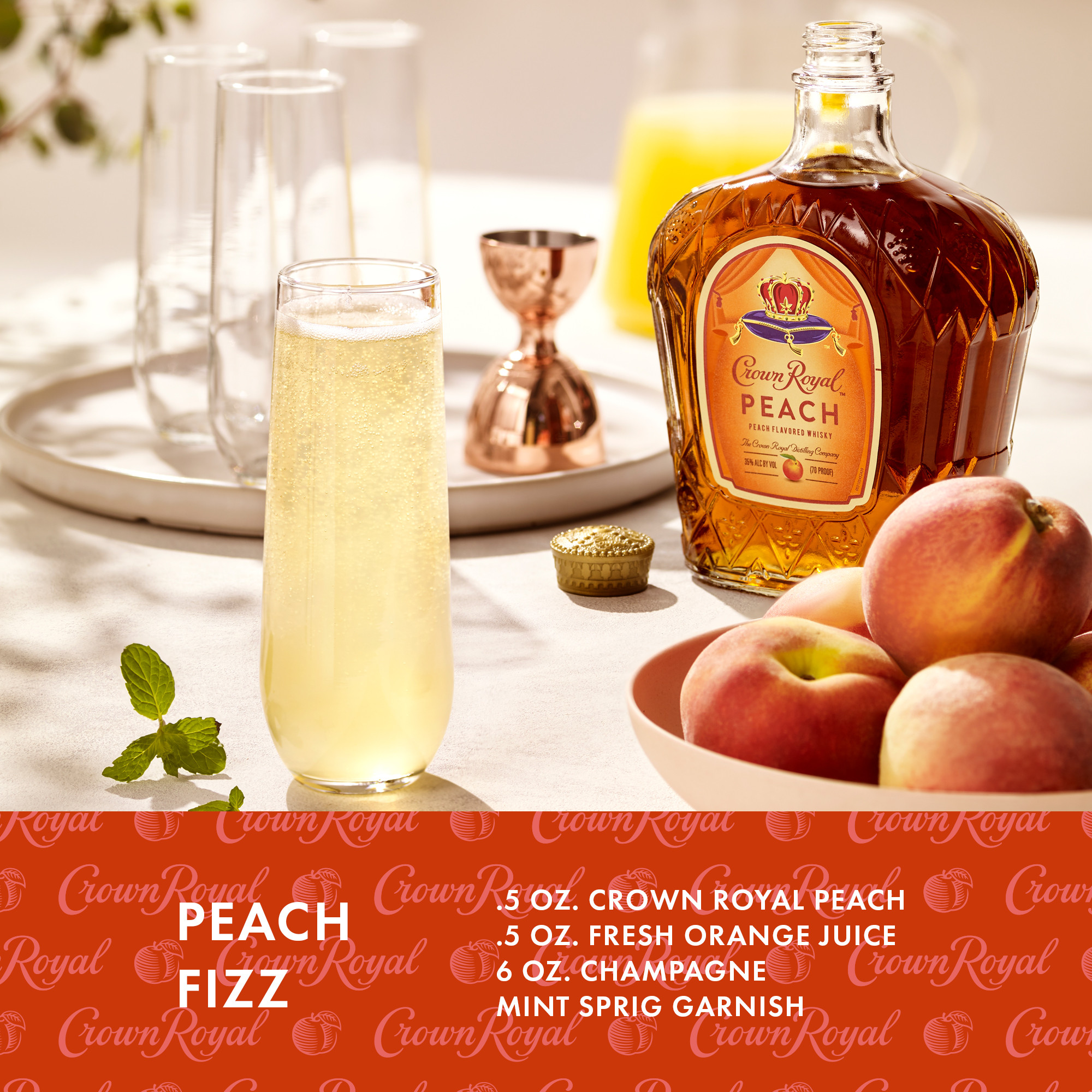 Unwind in luxury with a glass of Crown Royal Peach Flavored Whisky. To create this extraordinary blend, fresh Georgia peaches are harvested, de-stoned, pressed and strained to preserve their bright, aromatic taste. Then, our master blender infuses the juicy flavor for a vibrant and delicious whisky with luscious notes of creamy vanilla and a decadently sweet finish. Made with the signature smoothness of traditional Crown Royal, our peach flavored whisky will enhance a cozy cocktail party or rooftop celebration. Perfect for a Royal Peach Fizz cocktail. Includes one 70 proof 1.75 L bottle of Crown Royal Peach Flavored Whisky. Please drink responsibly., One 1.75 L bottle of Crown Royal Peach Flavored Whisky, Perfect for kicking off spring and summer parties, Meticulously blended with 50 distinct and rich whiskies, Infused with the juicy flavor of fresh Georgia peaches, Sweet and smooth finish