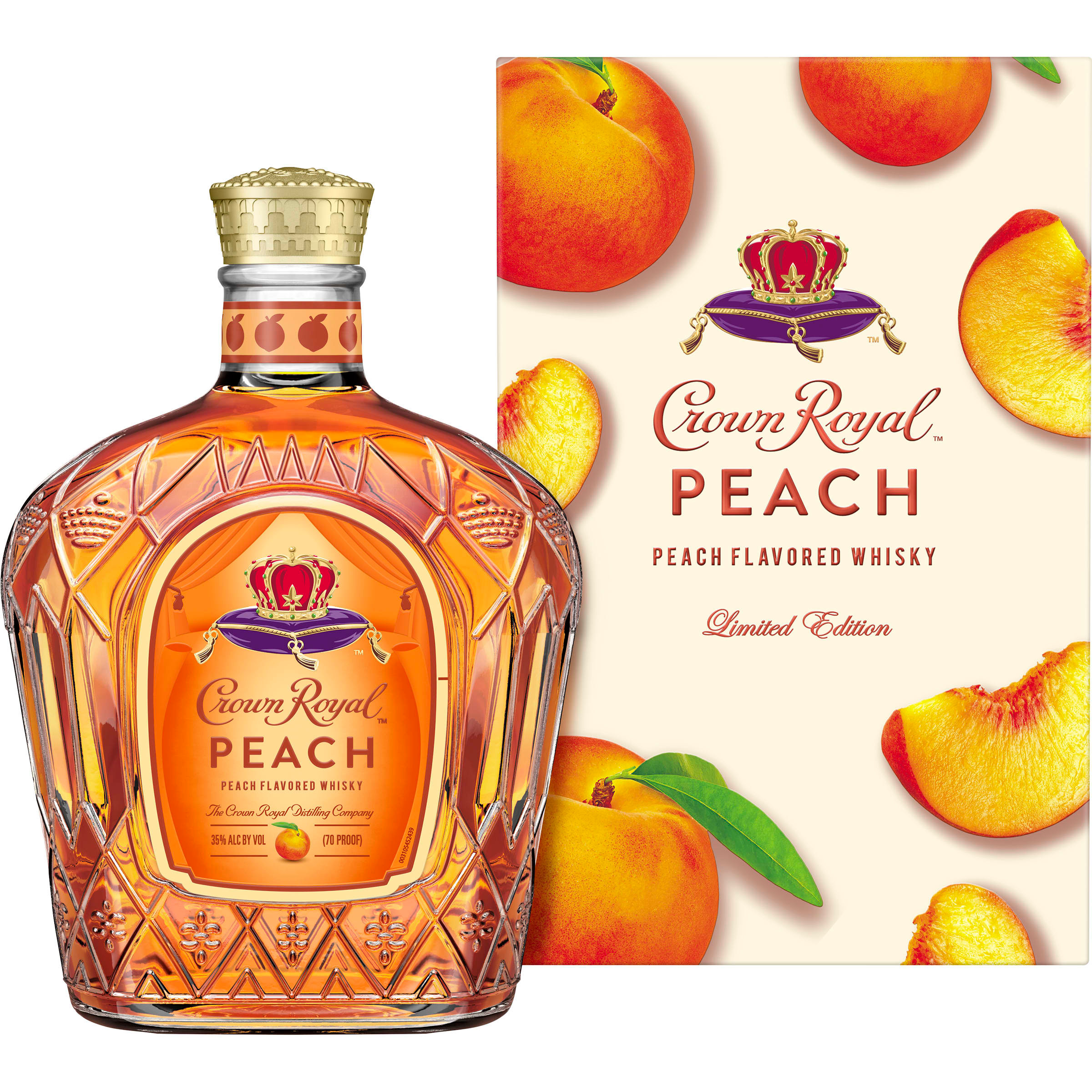 Unwind in luxury with a glass of Crown Royal Peach Flavored Whisky. To create this extraordinary blend, fresh Georgia peaches are harvested, de-stoned, pressed and strained to preserve their bright, aromatic taste. Then, our master blender infuses the juicy flavor for a vibrant and delicious whisky with luscious notes of creamy vanilla and a decadently sweet finish. Made with the signature smoothness of traditional Crown Royal, our peach flavored whisky will enhance a cozy cocktail party or rooftop celebration. Perfect for a Royal Peach Fizz cocktail. Includes one 70 proof 750 mL bottle of Crown Royal Peach Flavored Whisky. Please drink responsibly., One 750 mL bottle of Crown Royal Peach Flavored Whisky, Perfect for kicking off spring and summer parties, Meticulously blended with 50 distinct and rich whiskies, Infused with the juicy flavor of fresh Georgia peaches, Sweet and smooth finish