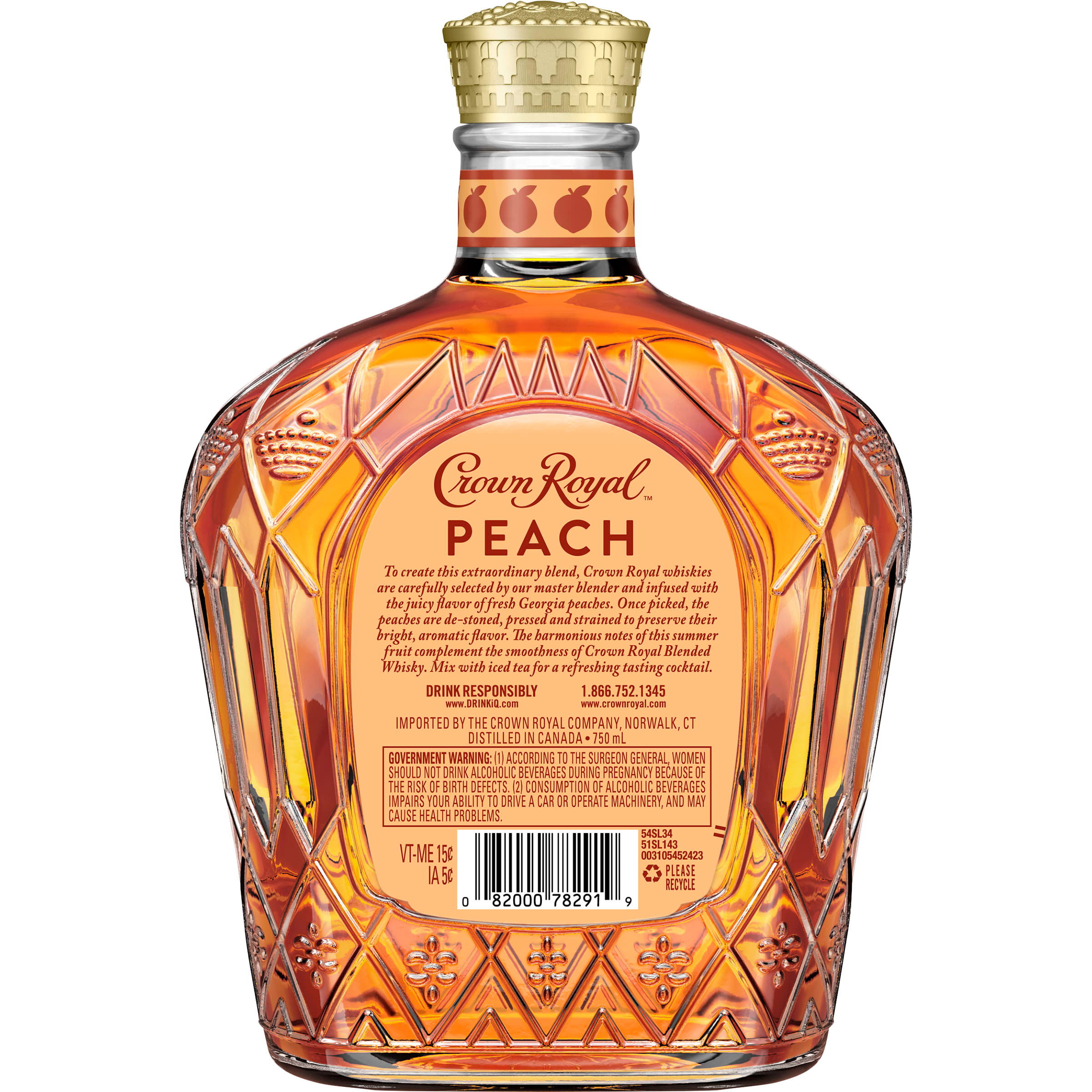 Unwind in luxury with a glass of Crown Royal Peach Flavored Whisky. To create this extraordinary blend, fresh Georgia peaches are harvested, de-stoned, pressed and strained to preserve their bright, aromatic taste. Then, our master blender infuses the juicy flavor for a vibrant and delicious whisky with luscious notes of creamy vanilla and a decadently sweet finish. Made with the signature smoothness of traditional Crown Royal, our peach flavored whisky will enhance a cozy cocktail party or rooftop celebration. Perfect for a Royal Peach Fizz cocktail. Includes one 70 proof 750 mL bottle of Crown Royal Peach Flavored Whisky. Please drink responsibly., One 750 mL bottle of Crown Royal Peach Flavored Whisky, Perfect for kicking off spring and summer parties, Meticulously blended with 50 distinct and rich whiskies, Infused with the juicy flavor of fresh Georgia peaches, Sweet and smooth finish