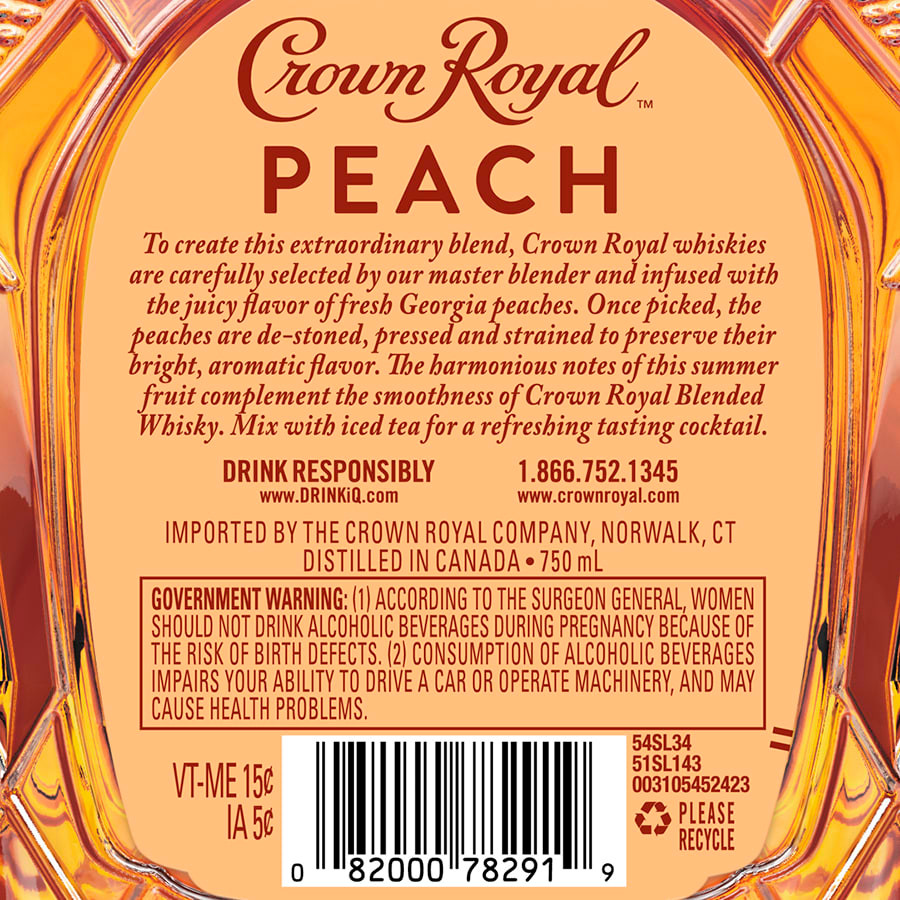 Unwind in luxury with a glass of Crown Royal Peach Flavored Whisky. To create this extraordinary blend, fresh Georgia peaches are harvested, de-stoned, pressed and strained to preserve their bright, aromatic taste. Then, our master blender infuses the juicy flavor for a vibrant and delicious whisky with luscious notes of creamy vanilla and a decadently sweet finish. Made with the signature smoothness of traditional Crown Royal, our peach flavored whisky will enhance a cozy cocktail party or rooftop celebration. Perfect for a Royal Peach Fizz cocktail. Includes one 70 proof 750 mL bottle of Crown Royal Peach Flavored Whisky. Please drink responsibly., One 750 mL bottle of Crown Royal Peach Flavored Whisky, Perfect for kicking off spring and summer parties, Meticulously blended with 50 distinct and rich whiskies, Infused with the juicy flavor of fresh Georgia peaches, Sweet and smooth finish