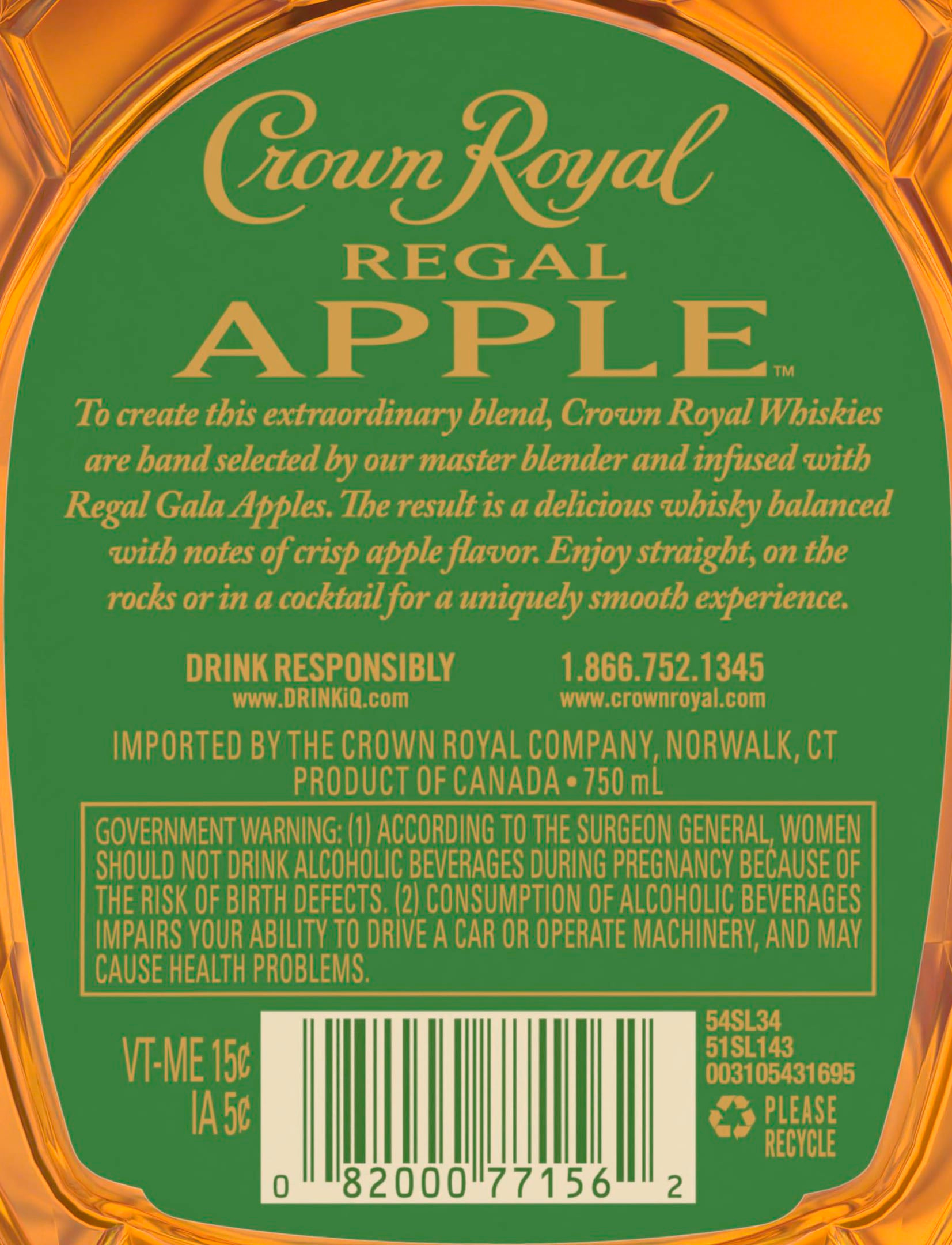 Unwind in luxury with a glass of Crown Royal Regal Apple Flavored Whisky. Infused with regal gala apples and hints of caramel and spice, our 70 proof whisky provides a refined, crisp taste. Made with the signature smoothness of traditional Crown Royal and matured to perfection, our apple flavored whisky will enhance any cocktail party or celebration. Perfect for a Crownberry Apple cocktail. Includes one 70 proof 750 mL bottle of Regal Apple Flavored Whisky. Please drink responsibly., One 750 mL bottle of Crown Royal Regal Apple Flavored Whisky, Perfect as a gift or for any celebration, Meticulously blended with 50 distinct and rich whiskies, Infused with Regal Gala Apples for a crisp, refined flavor, Robust, full-bodied blend of 50 rare Canadian whiskies, Matured to perfection
