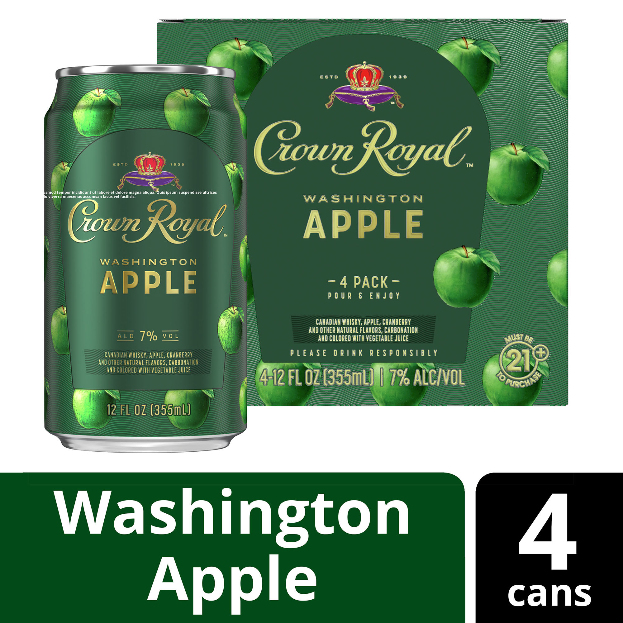 Enjoy a royally delicious cocktail in a ready-to-drink can with Crown Royal Washington Apple Canadian Whisky Cocktail. Featuring the signature smoothness of traditional Crown Royal Whisky combined with the sweet-tart flavor of Washington green apples, this cocktail offers an effortlessly delicious way to relax or celebrate. For a refreshing tasting cocktail, simply pour in a glass with ice and garnish with an apple slice. Includes four 7% alc./vol. 12 fl oz cans of Washington Apple Canadian Whisky Cocktail. Please drink responsibly., Four 12 fl oz cans of Crown Royal Washington Apple Canadian Whisky Cocktail, Awarded a Gold Medal in 2023 and a Double Gold Medal in 2021 at the San Francisco World Spirits Competition, Prepared single-serve drink with natural flavors, Effortless way to relax or celebrate, Delicious signature cocktail in a ready-to-drink can, Features the smooth taste of traditional Crown Royal Whisky with sweet-tart notes of fresh apples