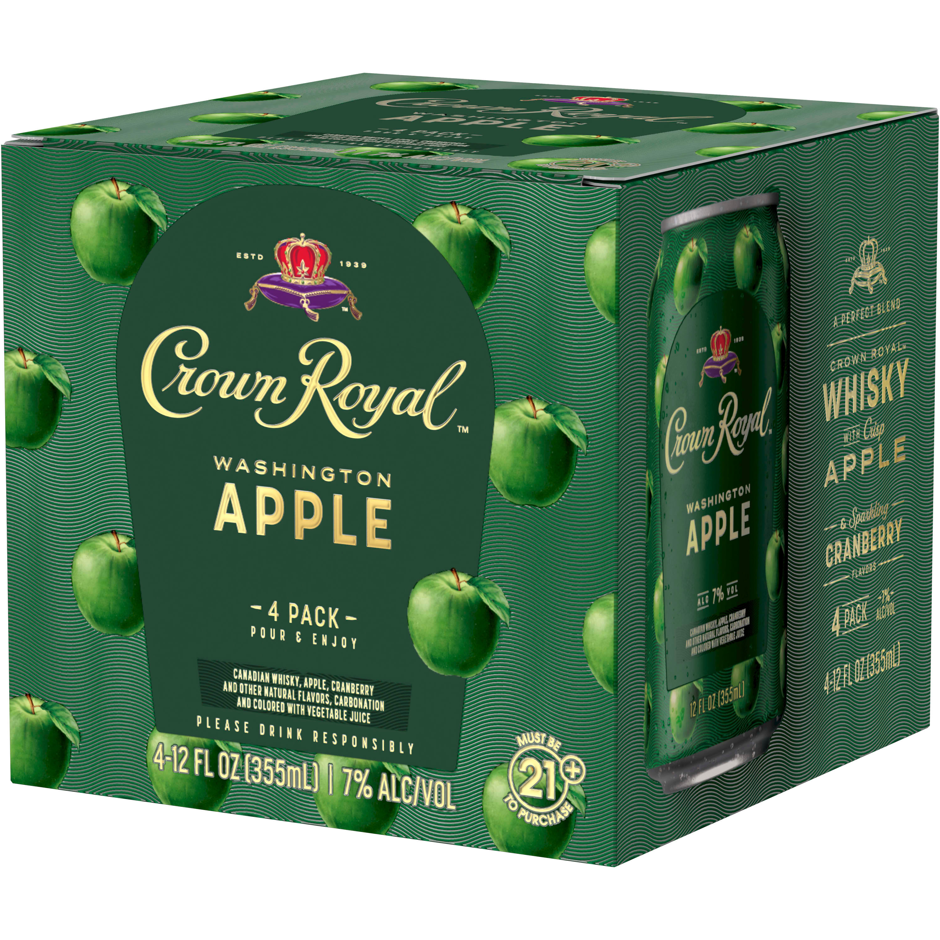 Enjoy a royally delicious cocktail in a ready-to-drink can with Crown Royal Washington Apple Canadian Whisky Cocktail. Featuring the signature smoothness of traditional Crown Royal Whisky combined with the sweet-tart flavor of Washington green apples, this cocktail offers an effortlessly delicious way to relax or celebrate. For a refreshing tasting cocktail, simply pour in a glass with ice and garnish with an apple slice. Includes four 7% alc./vol. 12 fl oz cans of Washington Apple Canadian Whisky Cocktail. Please drink responsibly., Four 12 fl oz cans of Crown Royal Washington Apple Canadian Whisky Cocktail, Awarded a Gold Medal in 2023 and a Double Gold Medal in 2021 at the San Francisco World Spirits Competition, Prepared single-serve drink with natural flavors, Effortless way to relax or celebrate, Delicious signature cocktail in a ready-to-drink can, Features the smooth taste of traditional Crown Royal Whisky with sweet-tart notes of fresh apples